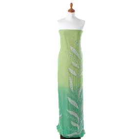 Parrot green to Persian green georgette chiffon fabric with silver embroidery having white bead work, gold and green stone work in leaf design