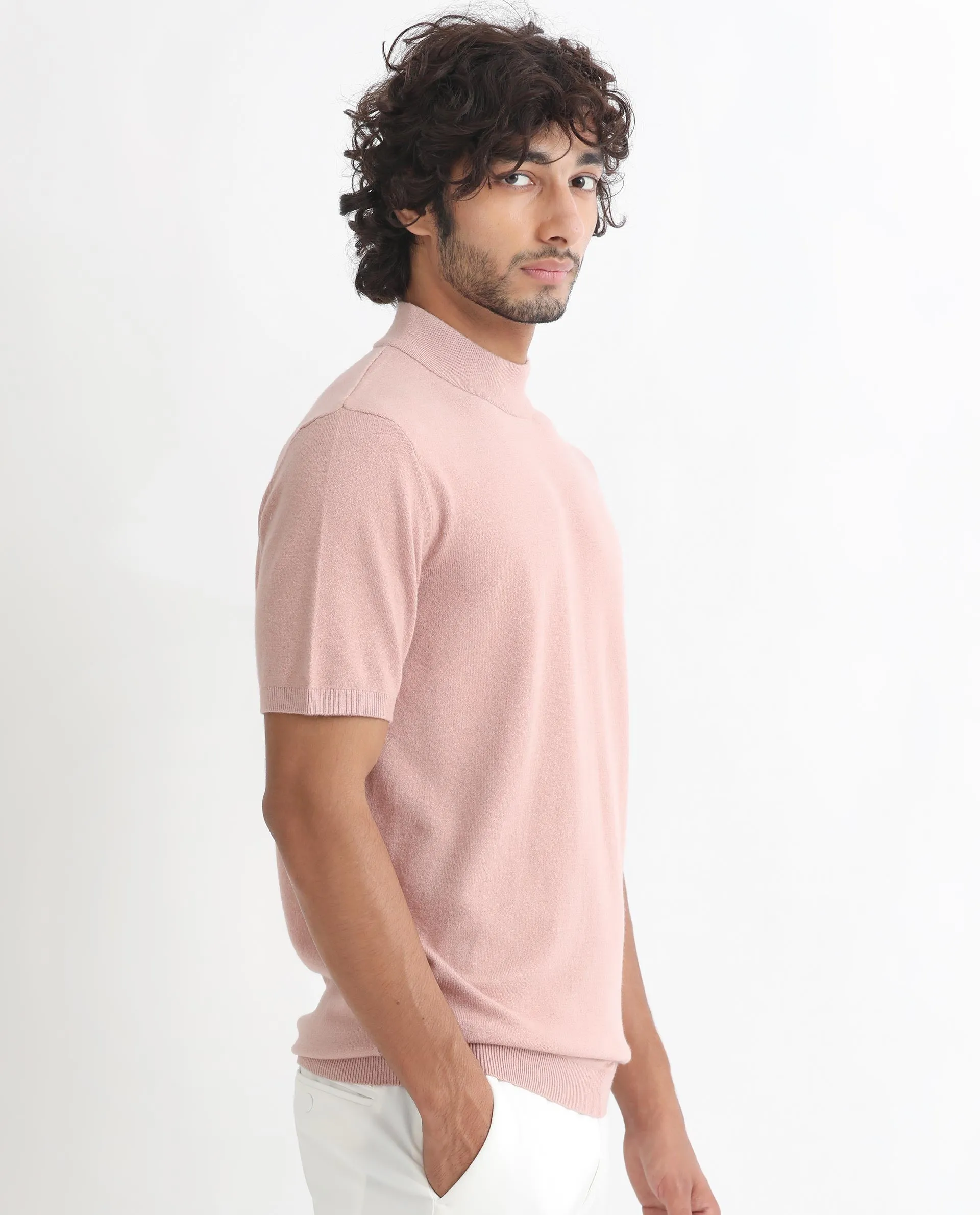 Rare Rabbit Men's Alfet Peach Half Sleeves High Neck Knitted T-Shirt