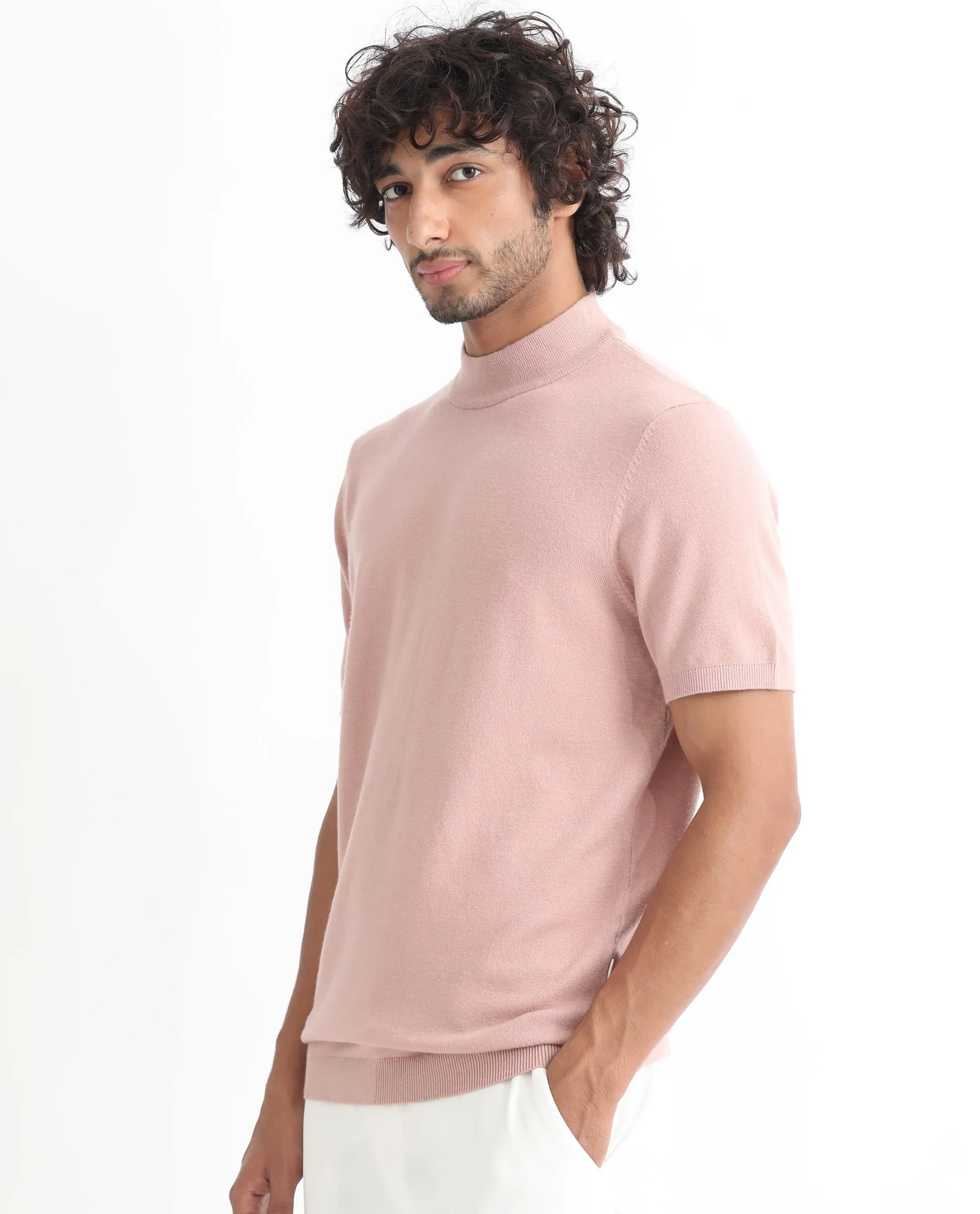 Rare Rabbit Men's Alfet Peach Half Sleeves High Neck Knitted T-Shirt