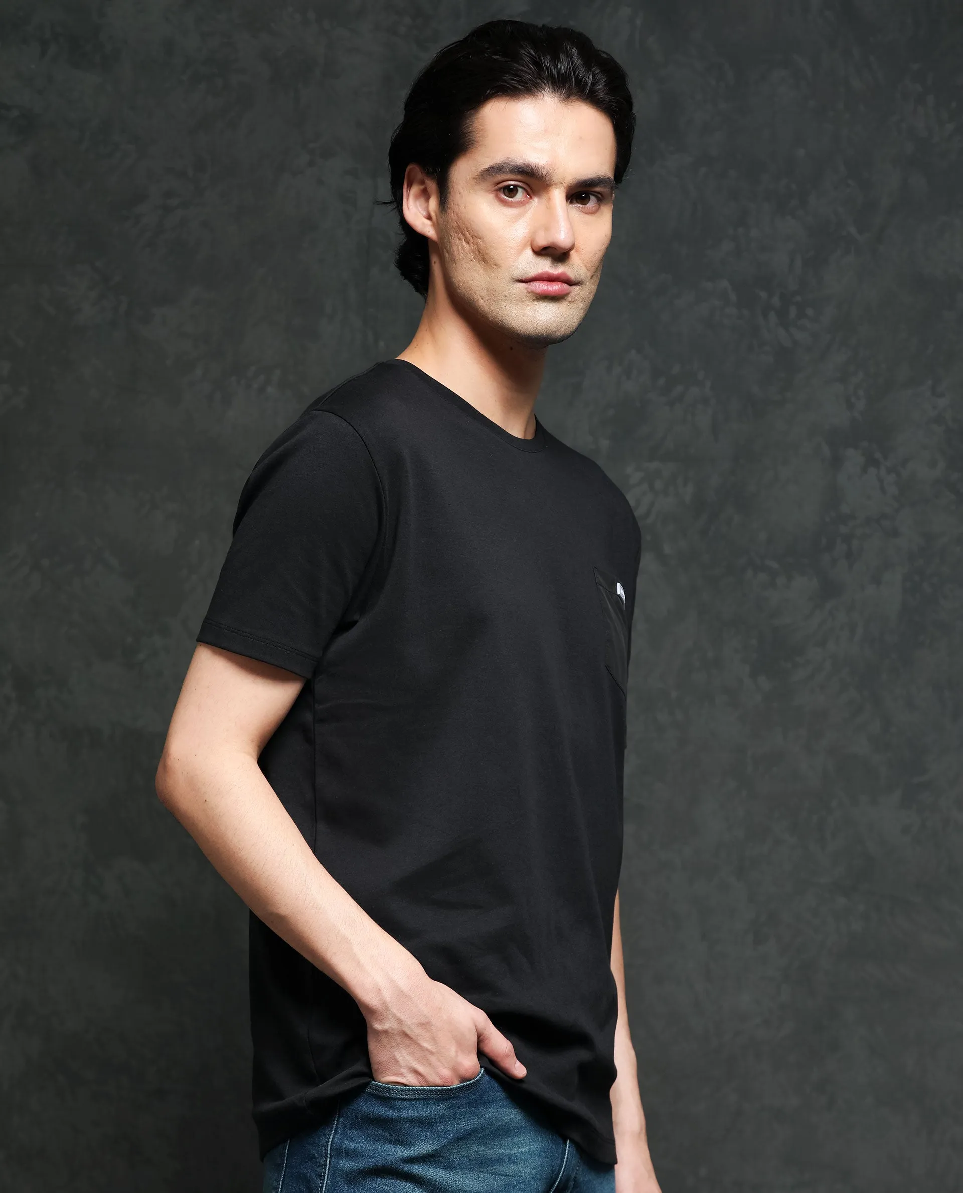Rare Rabbit Men's Azul Black Solid Crew Neck With Contrast Nylon Pocket Half Sleeves T-Shirt