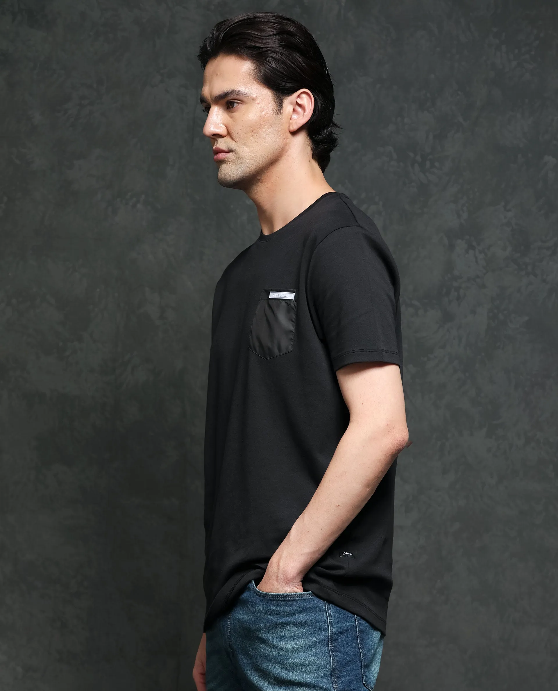 Rare Rabbit Men's Azul Black Solid Crew Neck With Contrast Nylon Pocket Half Sleeves T-Shirt