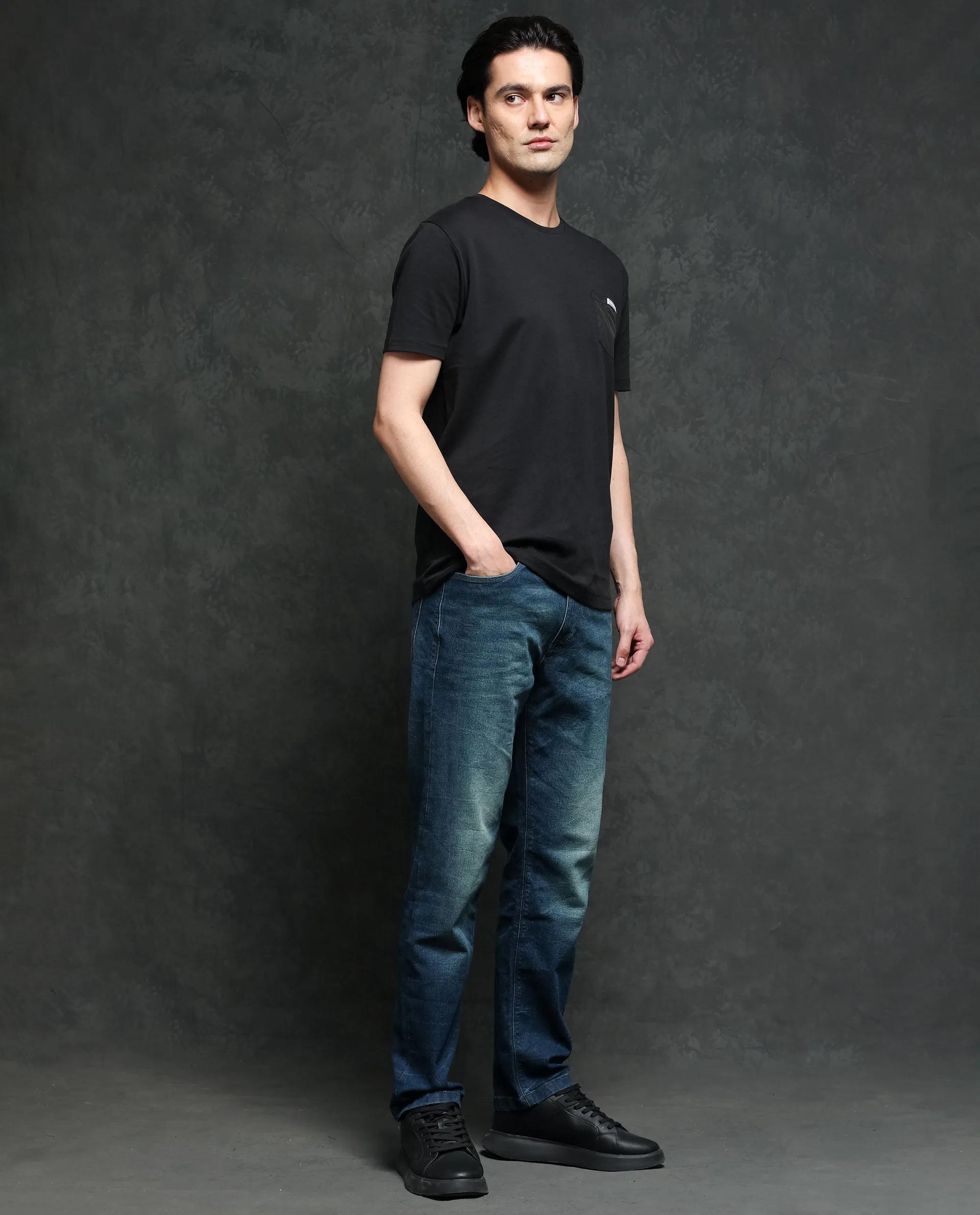 Rare Rabbit Men's Azul Black Solid Crew Neck With Contrast Nylon Pocket Half Sleeves T-Shirt