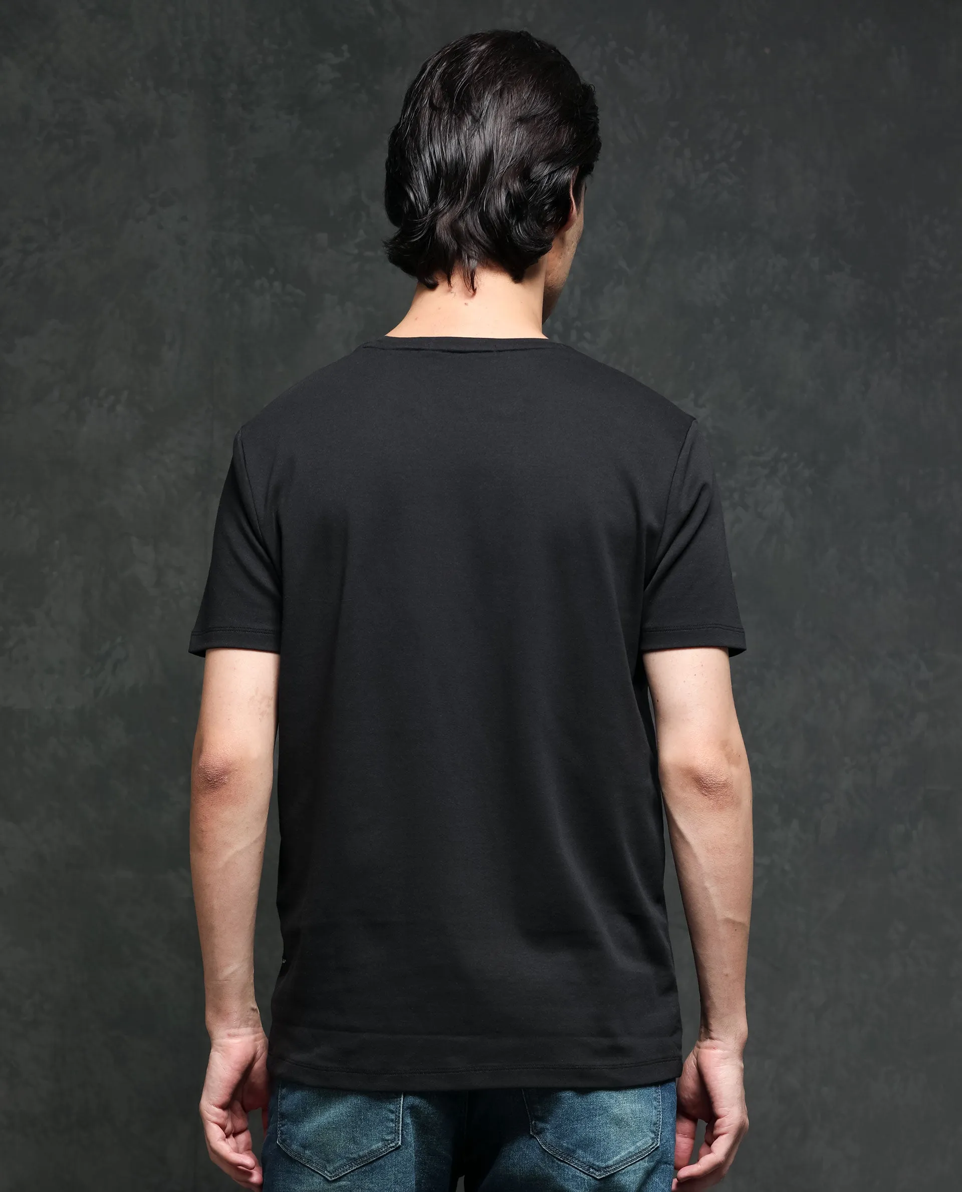 Rare Rabbit Men's Azul Black Solid Crew Neck With Contrast Nylon Pocket Half Sleeves T-Shirt