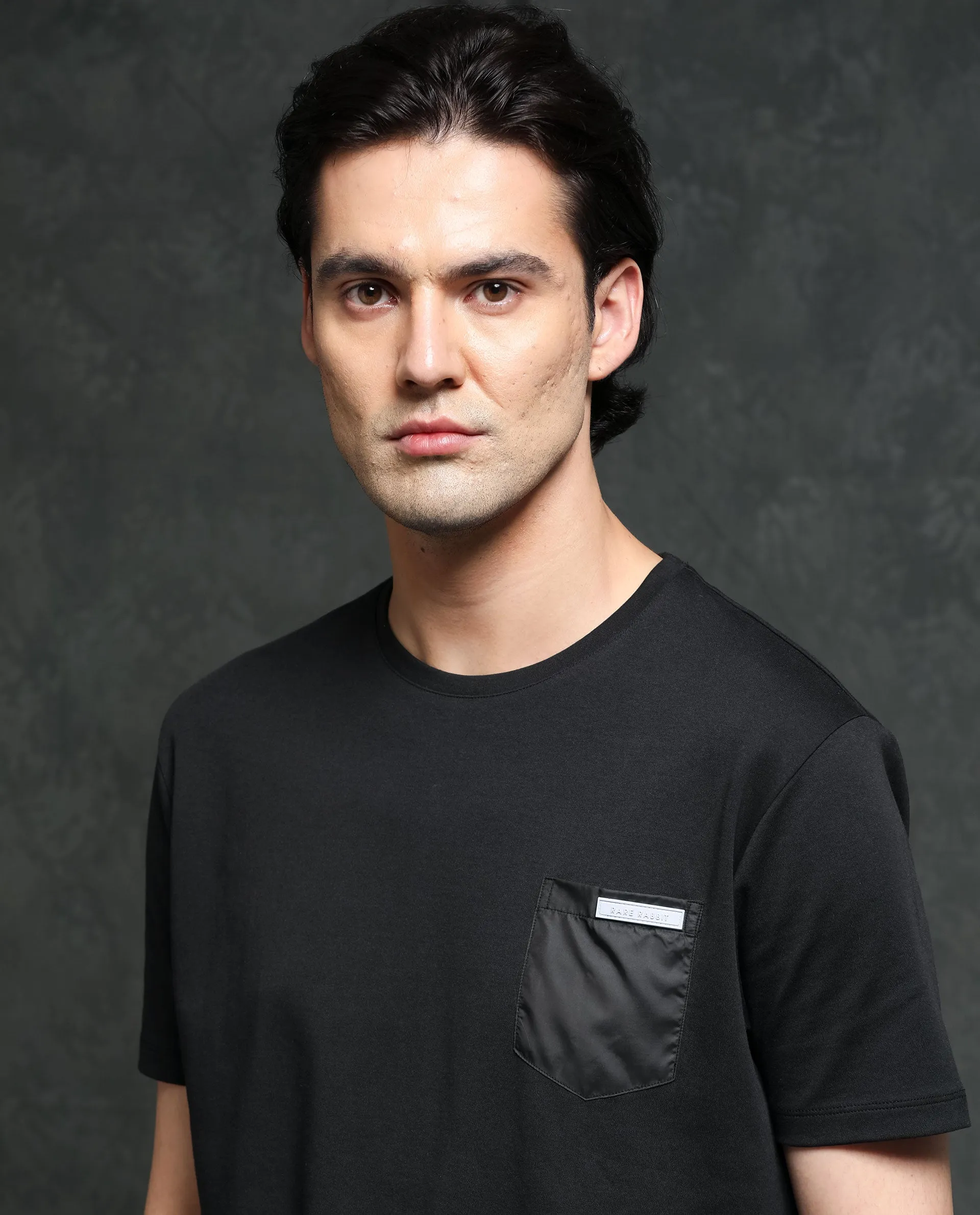 Rare Rabbit Men's Azul Black Solid Crew Neck With Contrast Nylon Pocket Half Sleeves T-Shirt