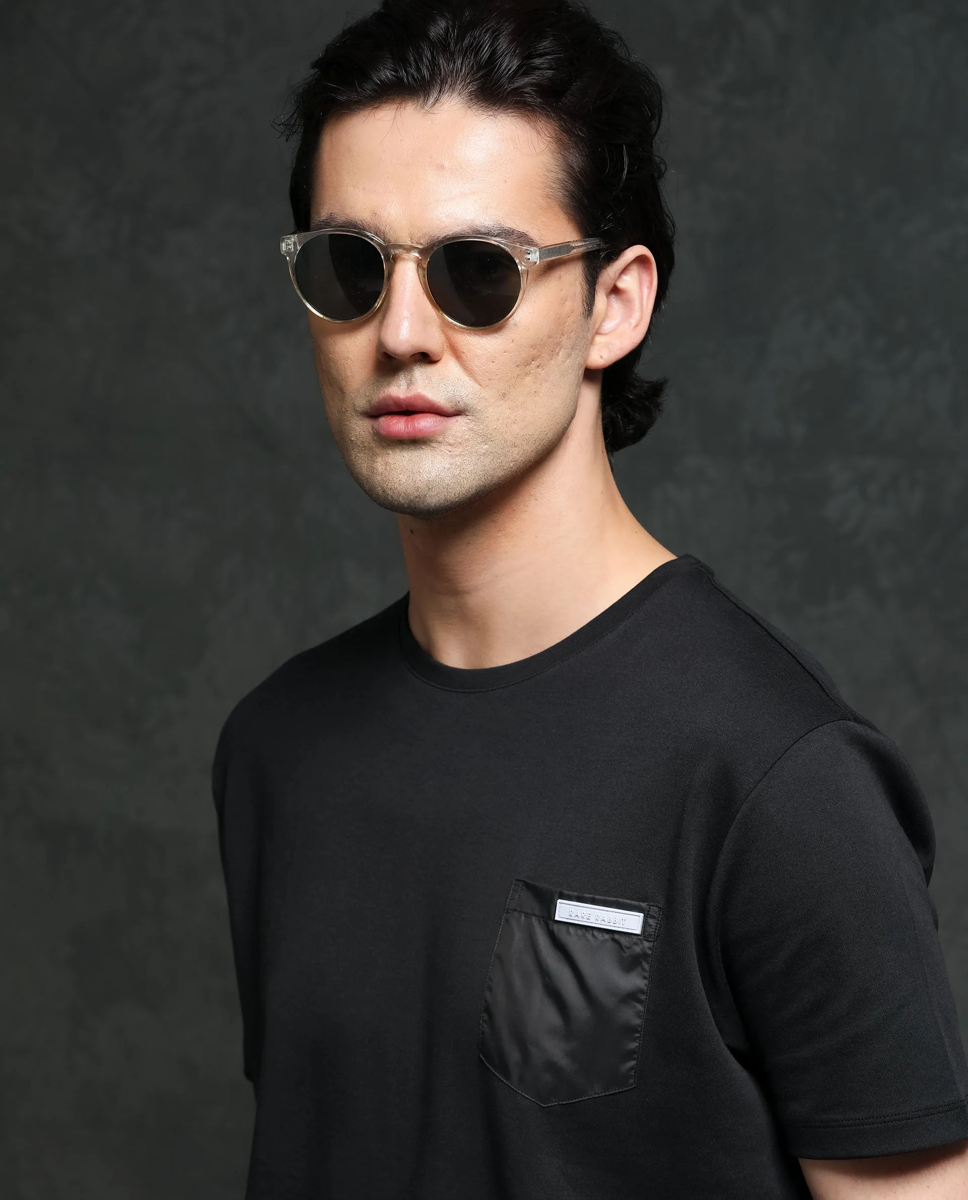 Rare Rabbit Men's Azul Black Solid Crew Neck With Contrast Nylon Pocket Half Sleeves T-Shirt