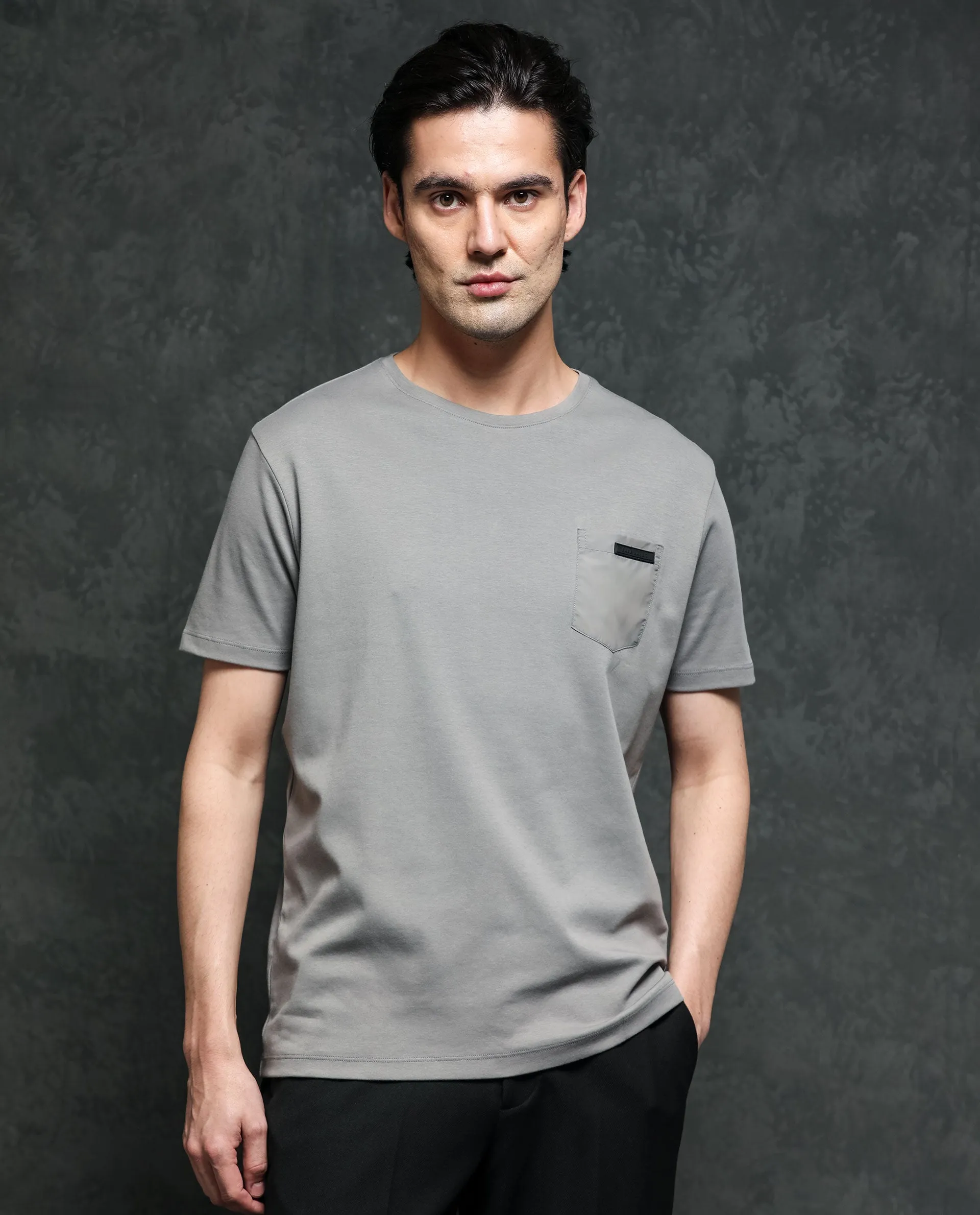 Rare Rabbit Men's Azul Grey Crew Neck With Contrast Nylon Pocket Half Sleeves T-Shirt