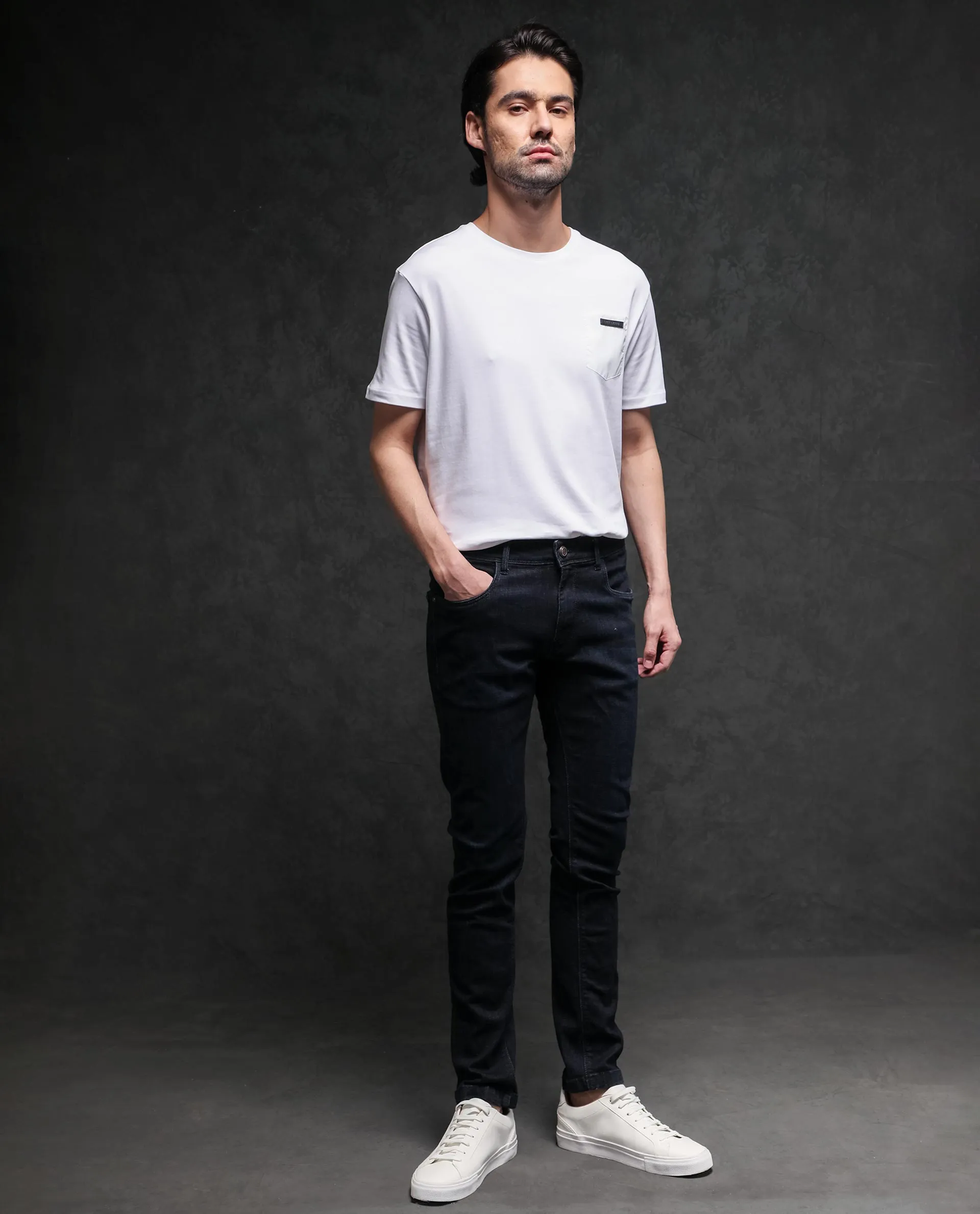 Rare Rabbit Men's Azul White Crew Neck With Contrast Nylon Pocket Half Sleeves T-Shirt