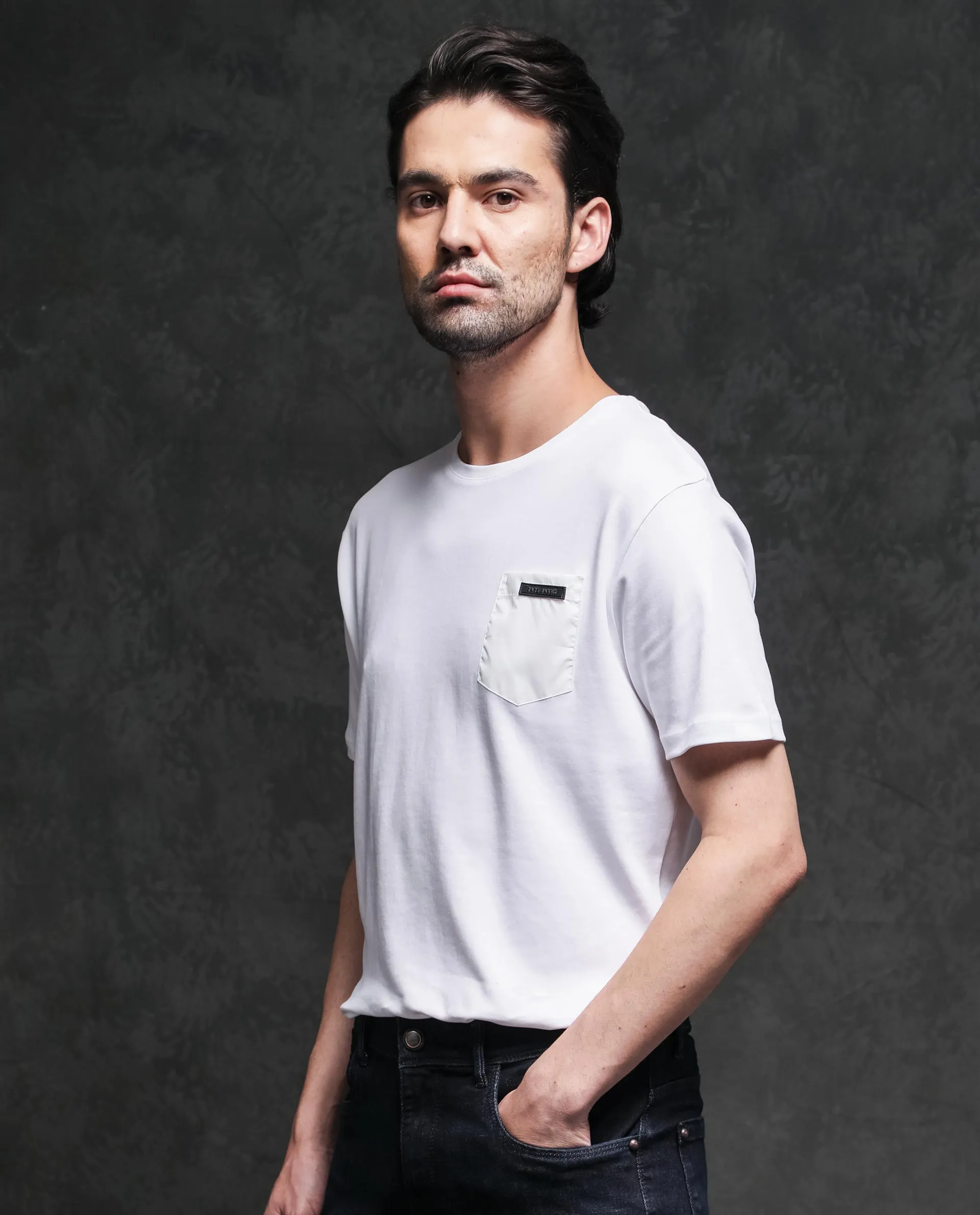 Rare Rabbit Men's Azul White Crew Neck With Contrast Nylon Pocket Half Sleeves T-Shirt