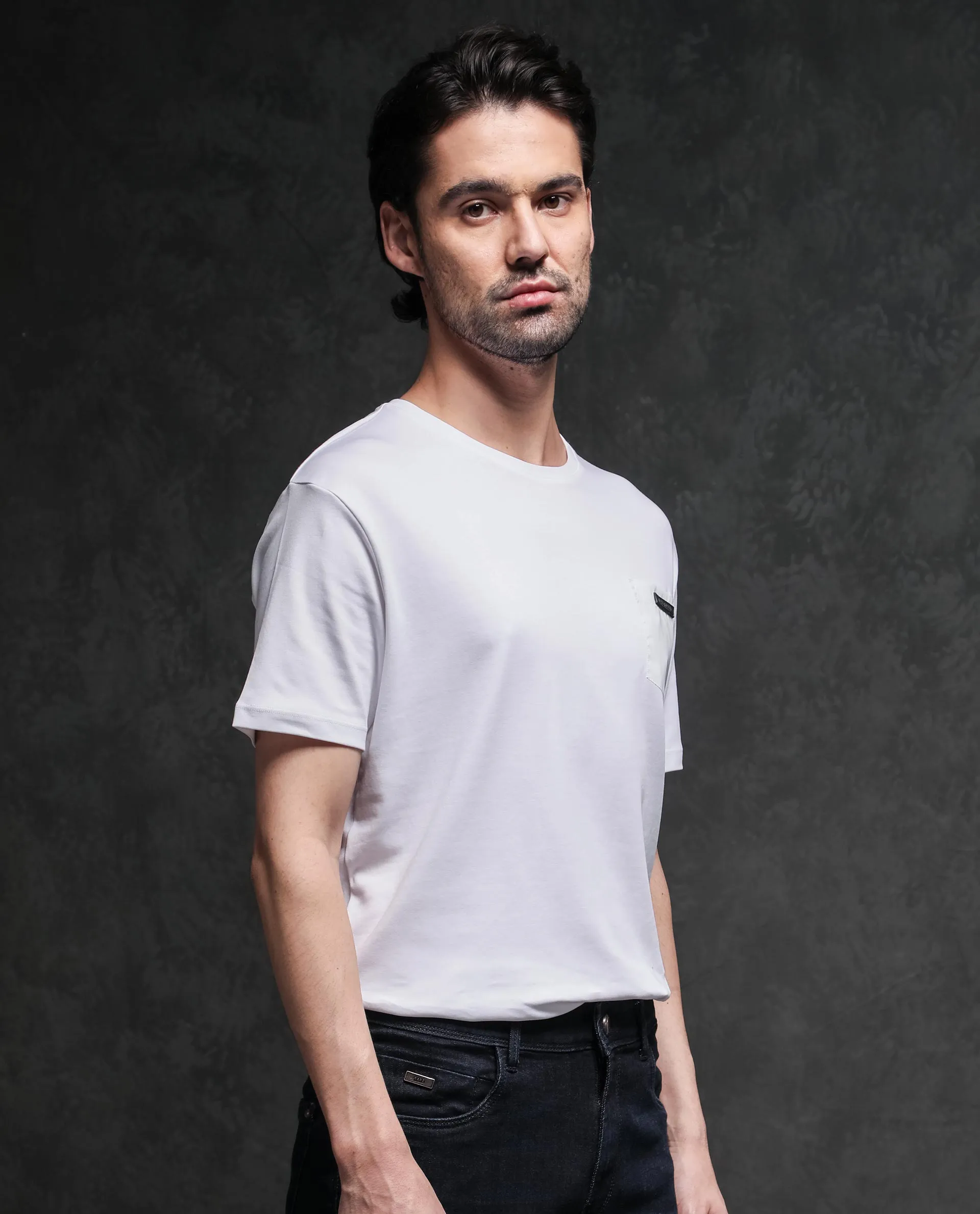 Rare Rabbit Men's Azul White Crew Neck With Contrast Nylon Pocket Half Sleeves T-Shirt
