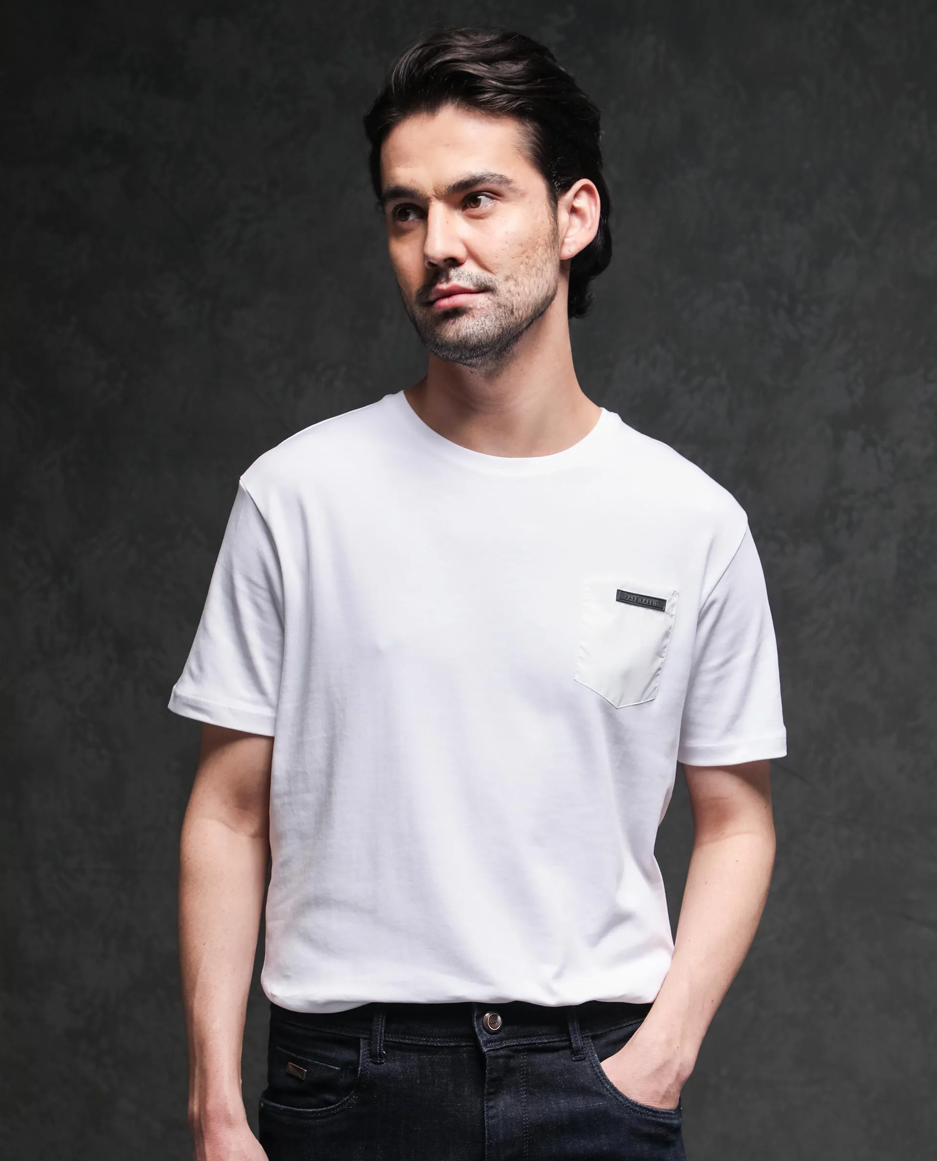 Rare Rabbit Men's Azul White Crew Neck With Contrast Nylon Pocket Half Sleeves T-Shirt