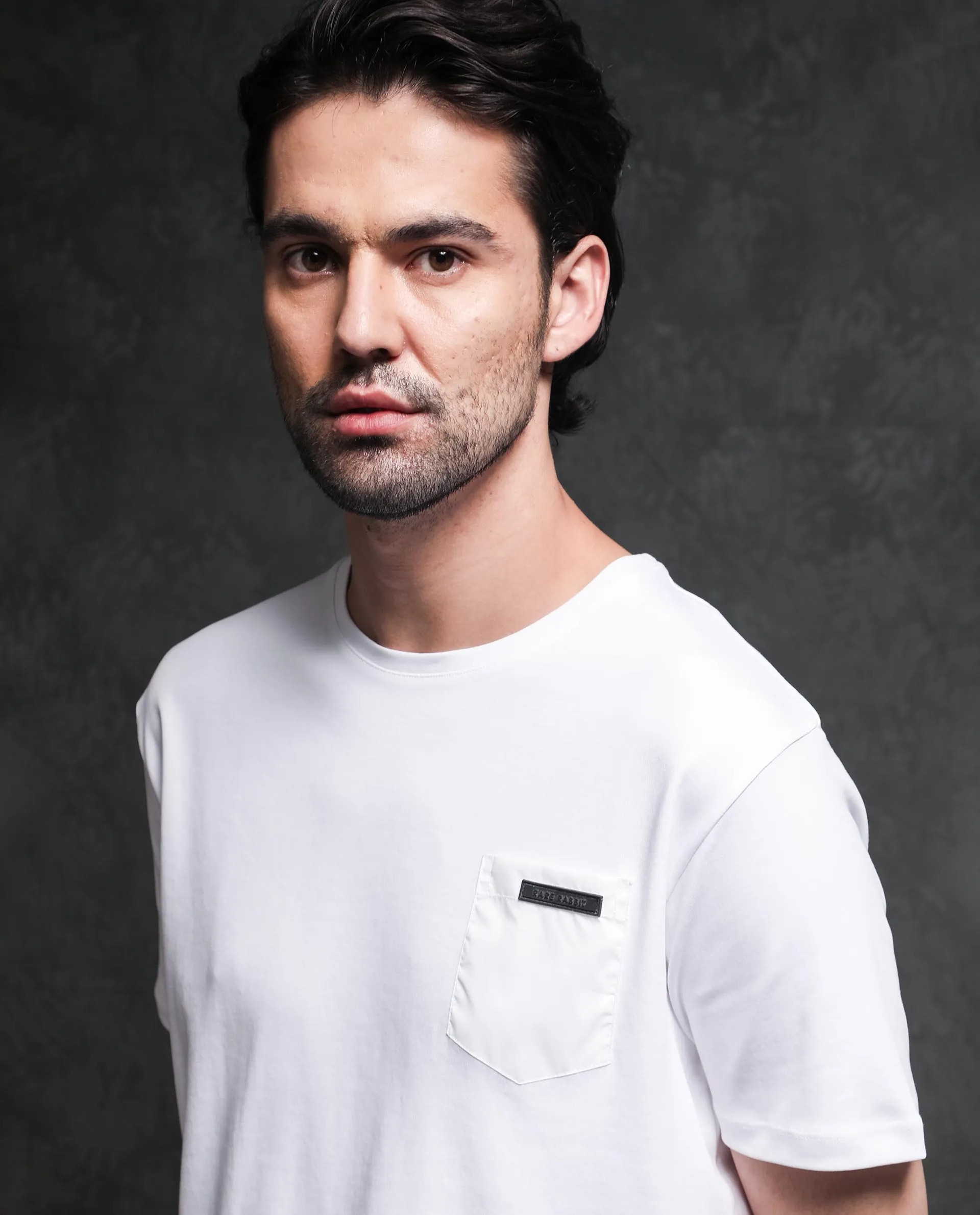 Rare Rabbit Men's Azul White Crew Neck With Contrast Nylon Pocket Half Sleeves T-Shirt