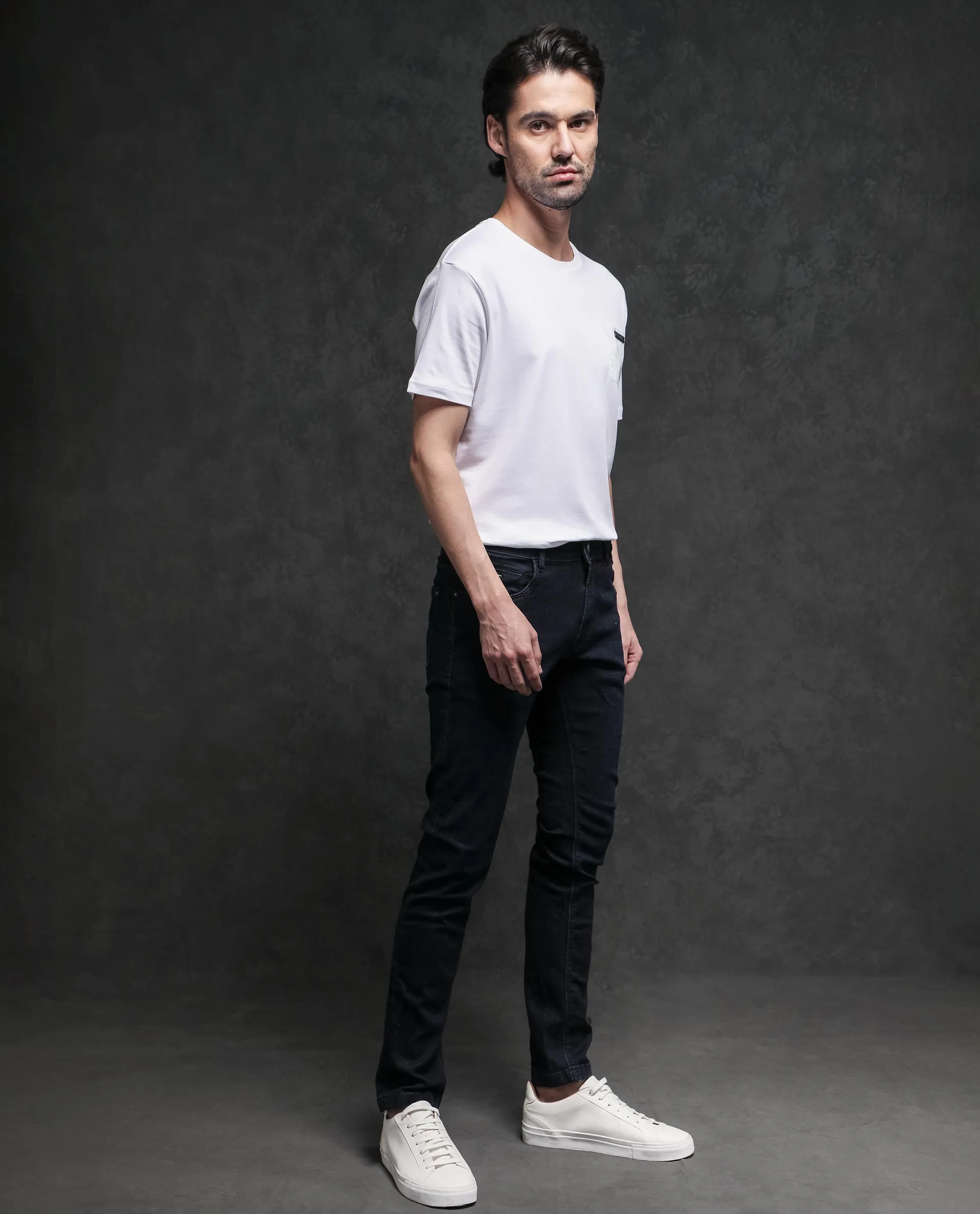 Rare Rabbit Men's Azul White Crew Neck With Contrast Nylon Pocket Half Sleeves T-Shirt