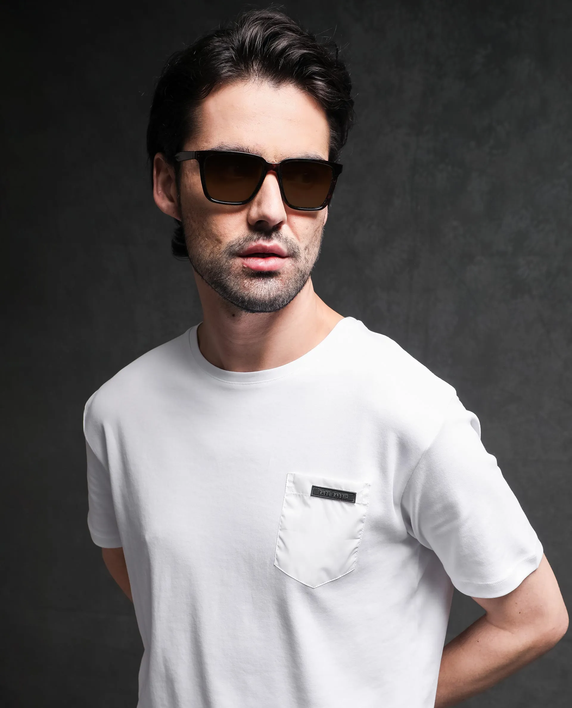 Rare Rabbit Men's Azul White Crew Neck With Contrast Nylon Pocket Half Sleeves T-Shirt