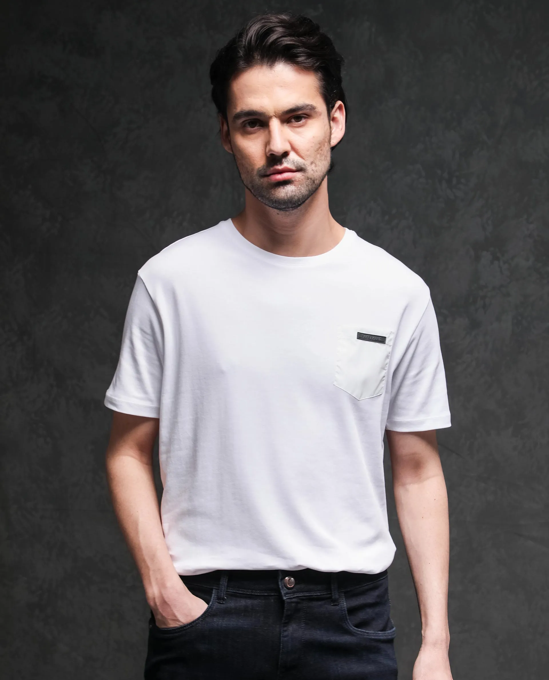 Rare Rabbit Men's Azul White Crew Neck With Contrast Nylon Pocket Half Sleeves T-Shirt