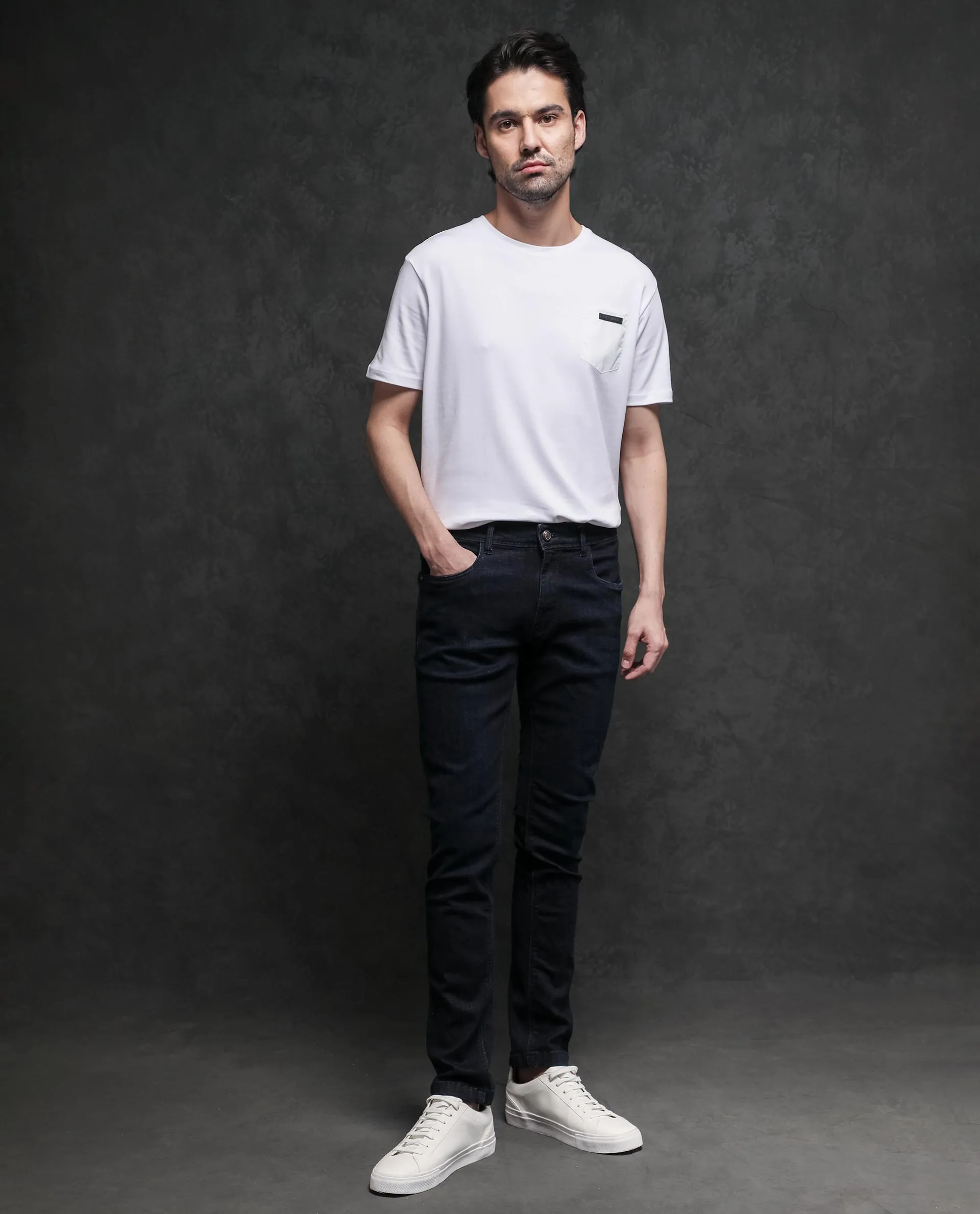 Rare Rabbit Men's Azul White Crew Neck With Contrast Nylon Pocket Half Sleeves T-Shirt