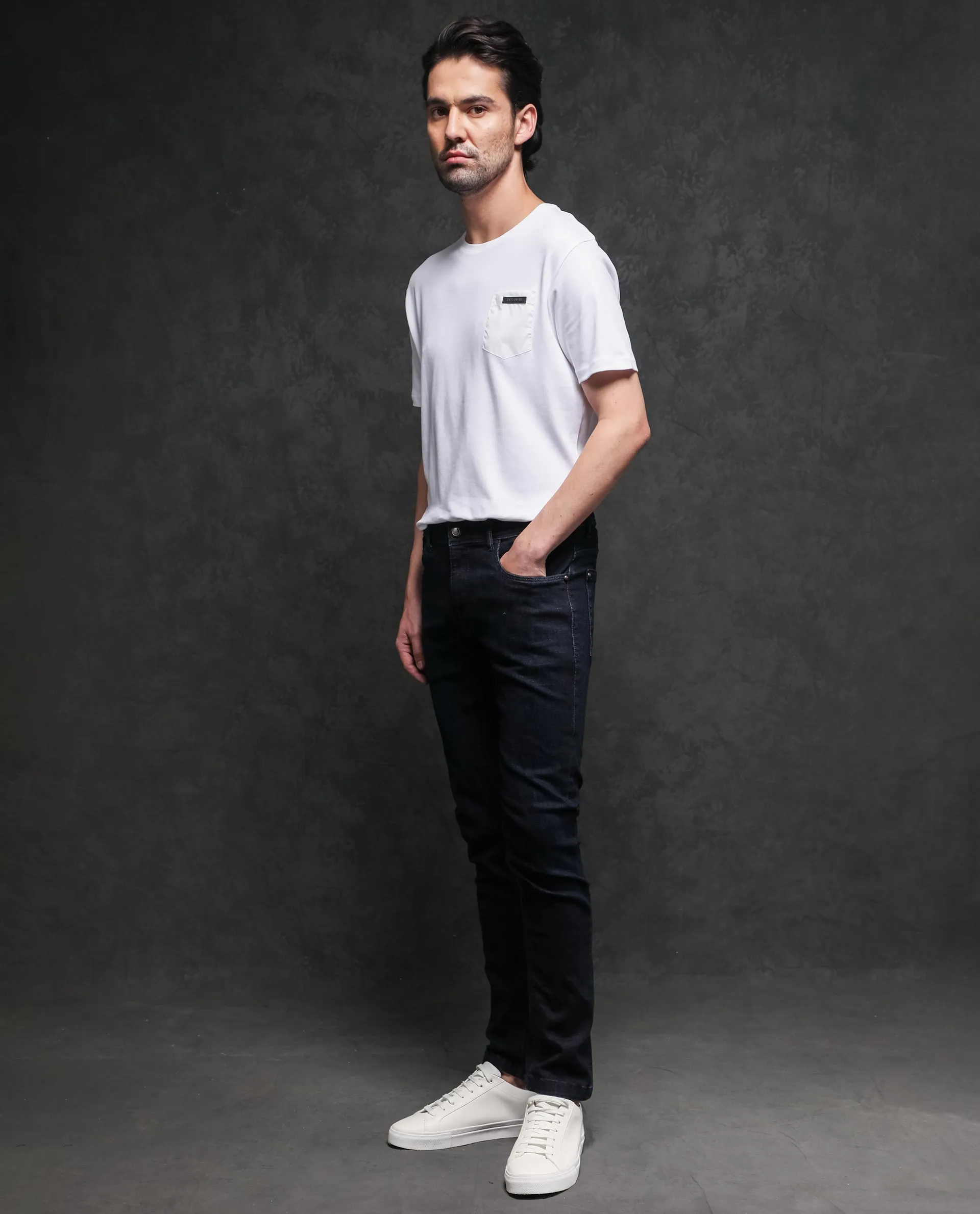 Rare Rabbit Men's Azul White Crew Neck With Contrast Nylon Pocket Half Sleeves T-Shirt
