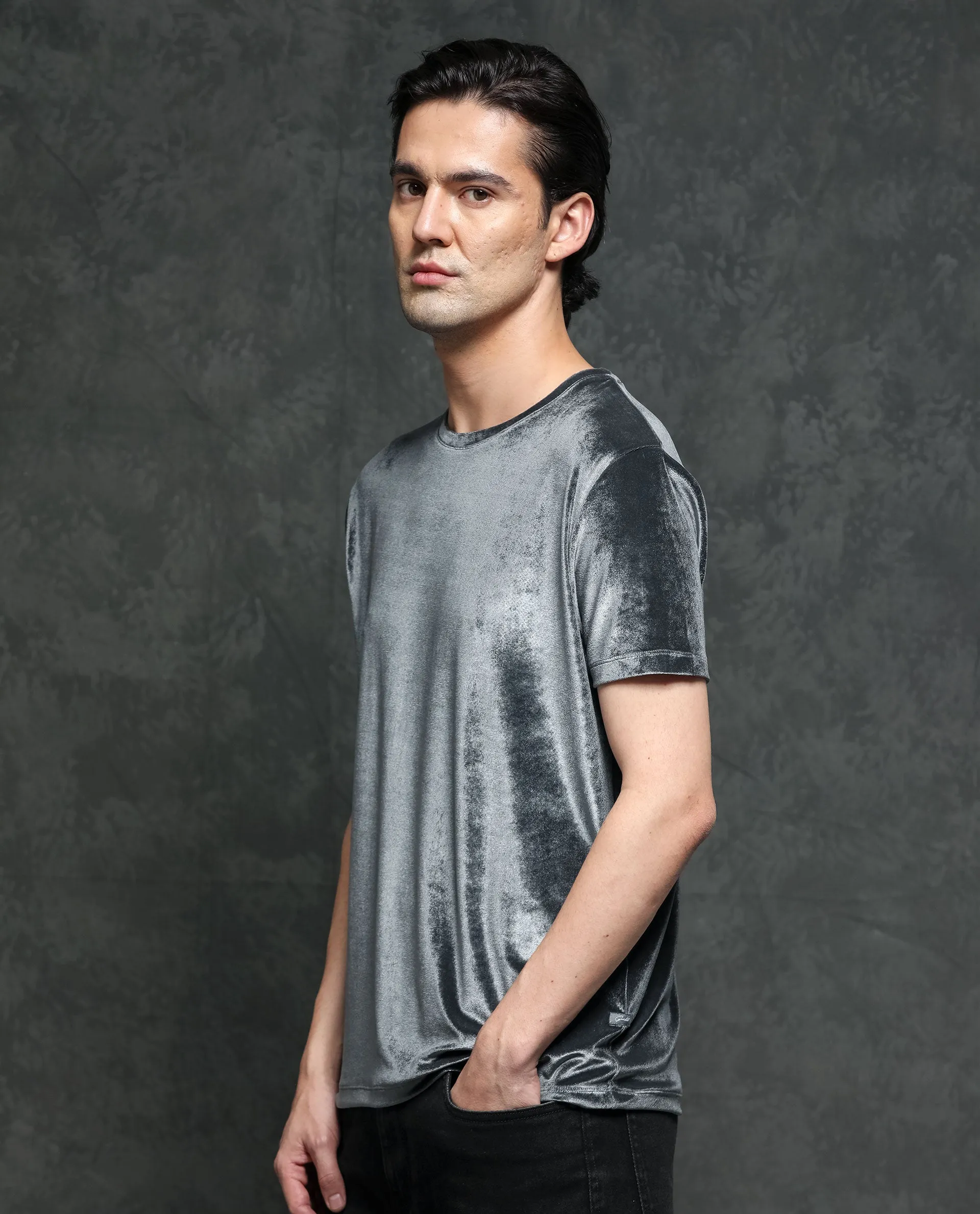 Rare Rabbit Men's Timo Grey Polyester Fabric Crew Neck Half Sleeves Velvet Texture Solid T-Shirt
