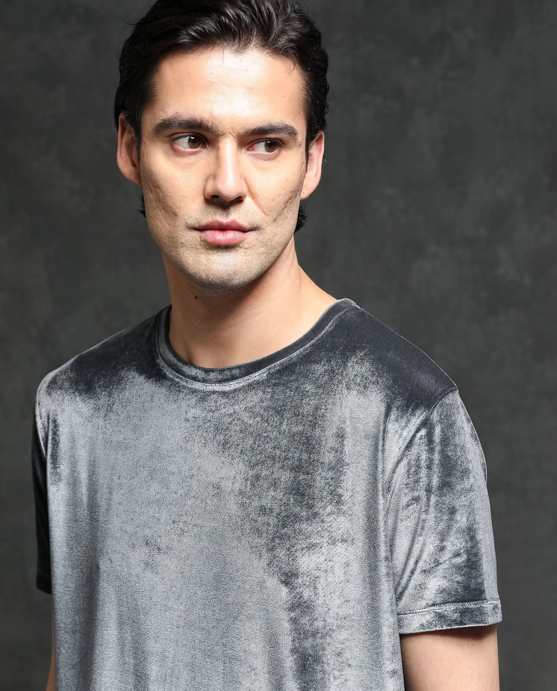 Rare Rabbit Men's Timo Grey Polyester Fabric Crew Neck Half Sleeves Velvet Texture Solid T-Shirt