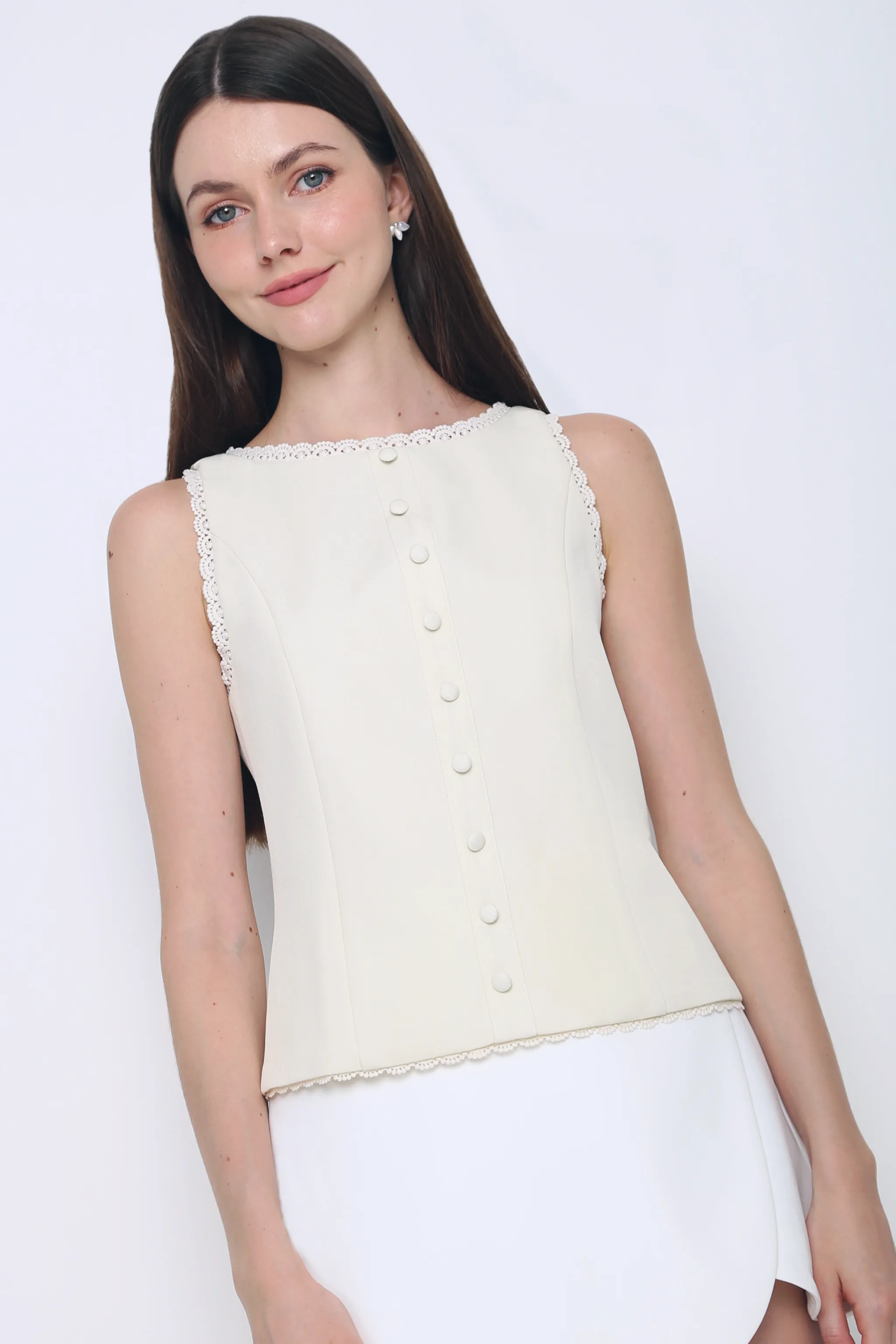 Saylor Lace Trim Tailored Top Beige