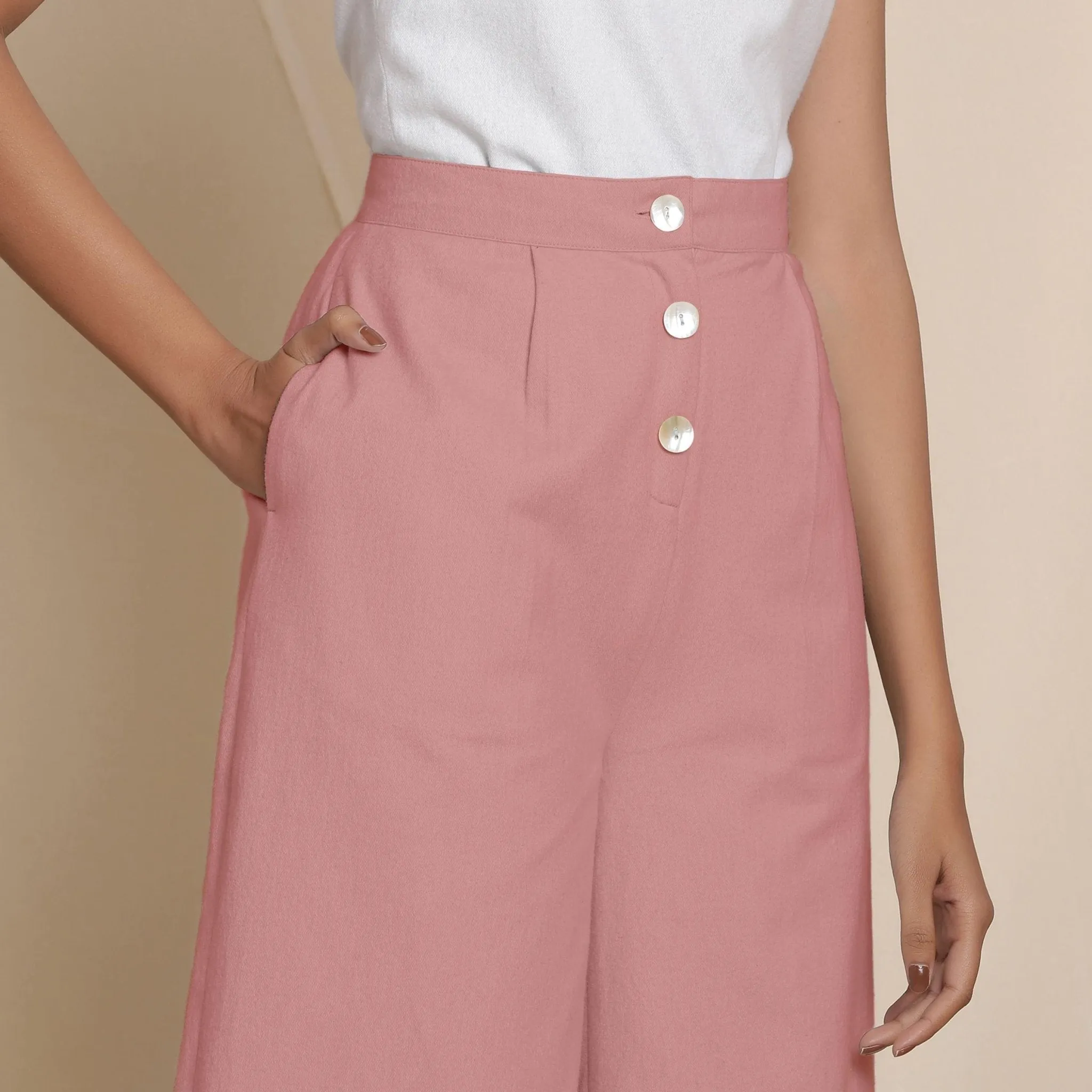Solid Pink Warm Cotton Flannel High-Rise Culottes