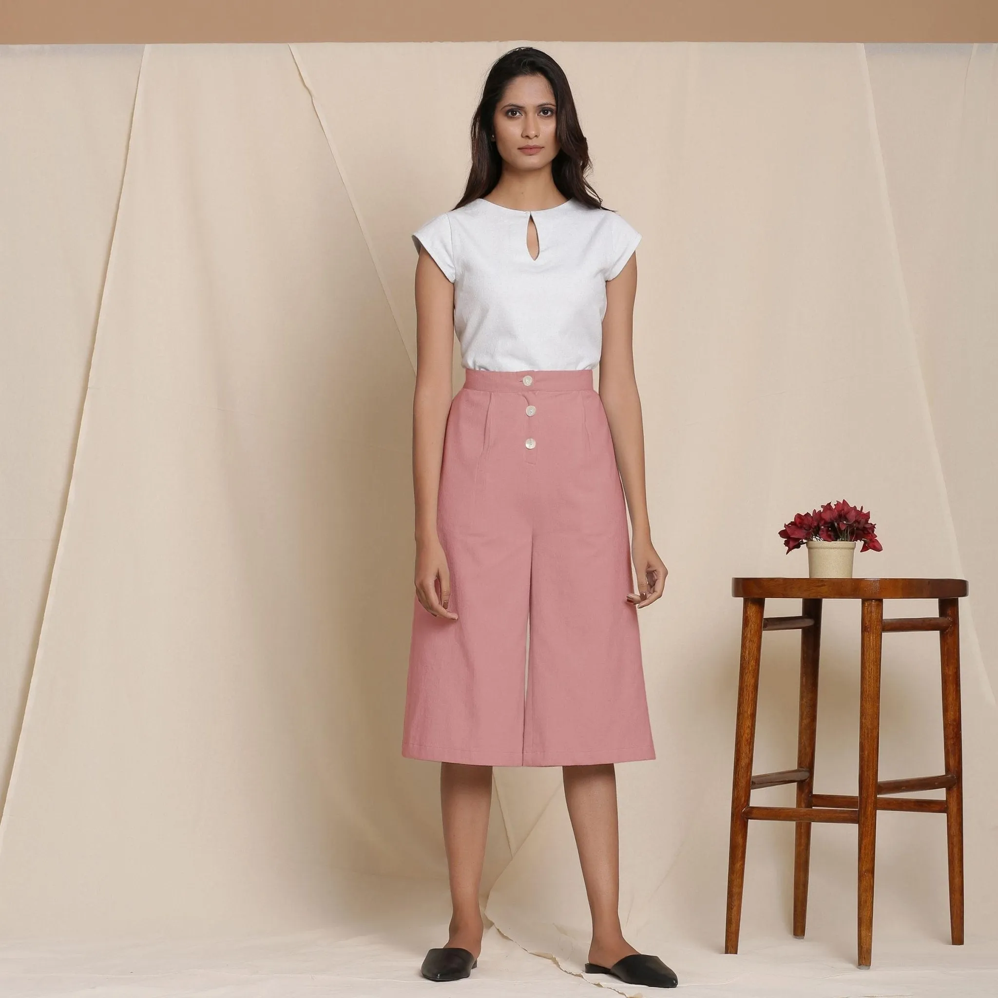 Solid Pink Warm Cotton Flannel High-Rise Culottes