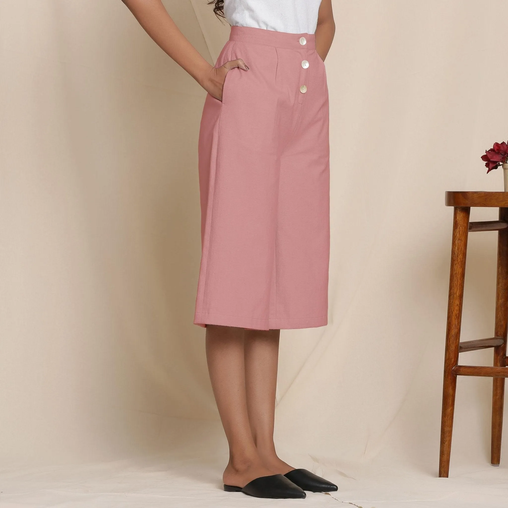 Solid Pink Warm Cotton Flannel High-Rise Culottes