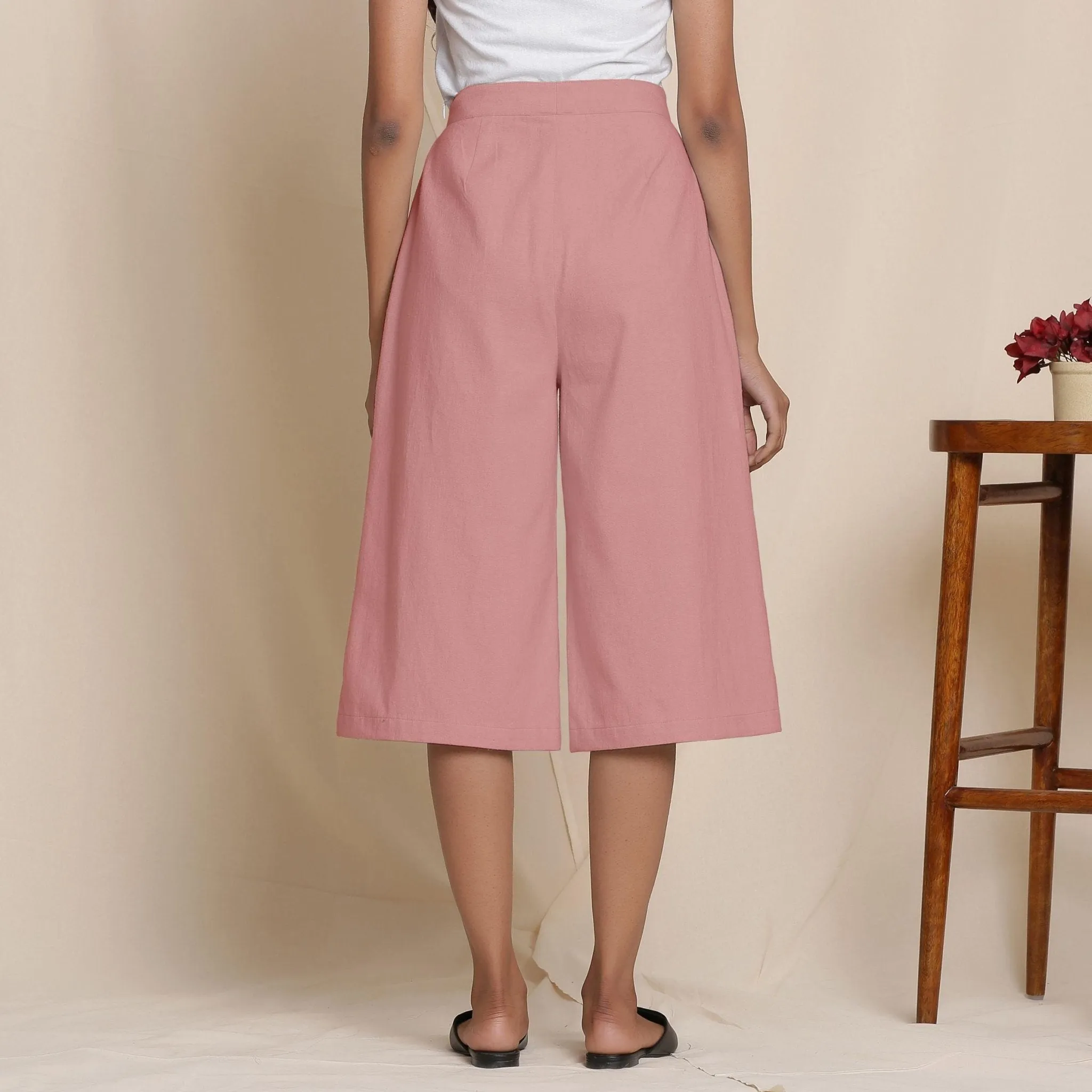 Solid Pink Warm Cotton Flannel High-Rise Culottes