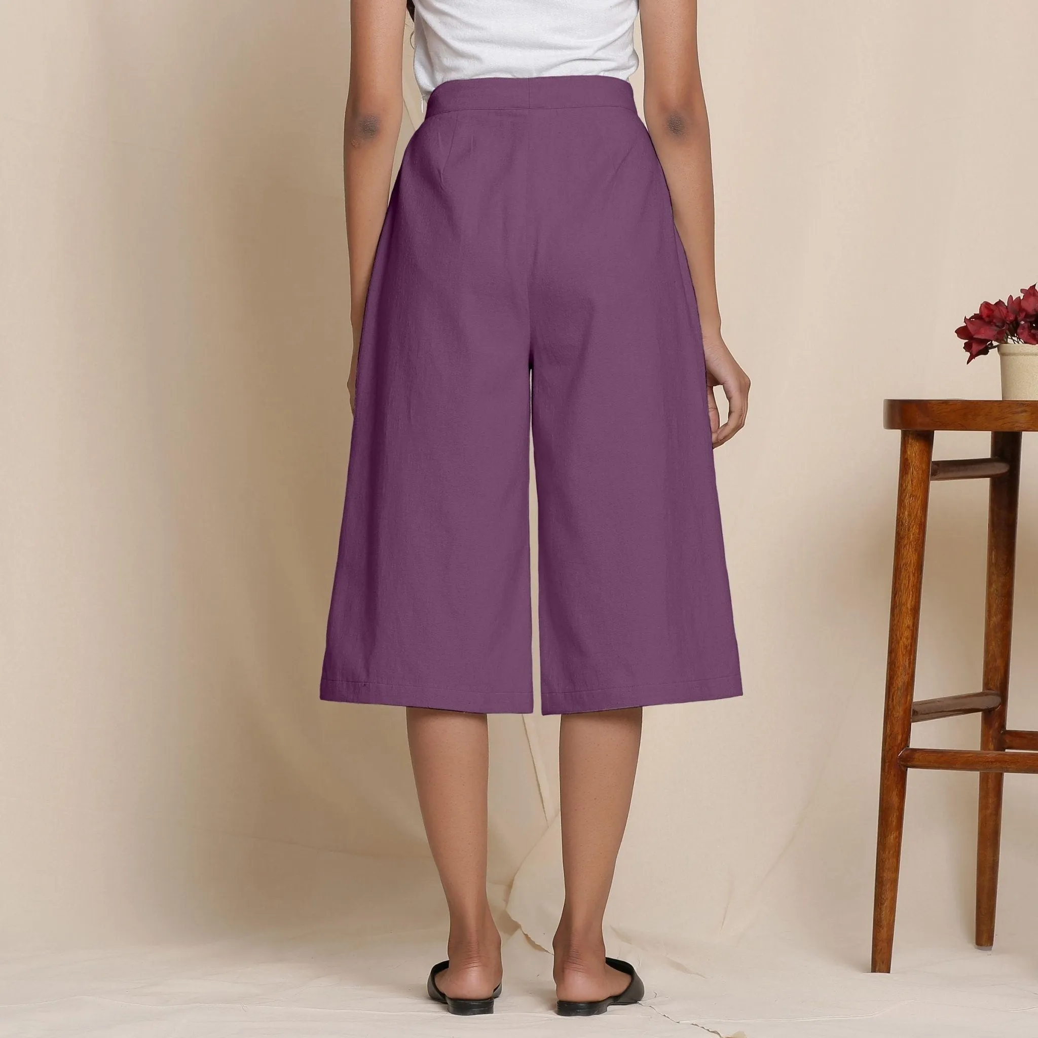 Solid Wine Warm Cotton Flannel High-Rise Culottes
