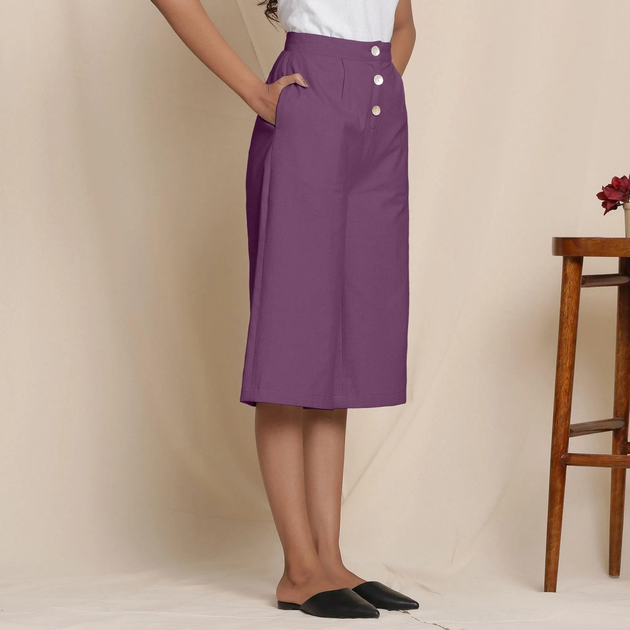 Solid Wine Warm Cotton Flannel High-Rise Culottes
