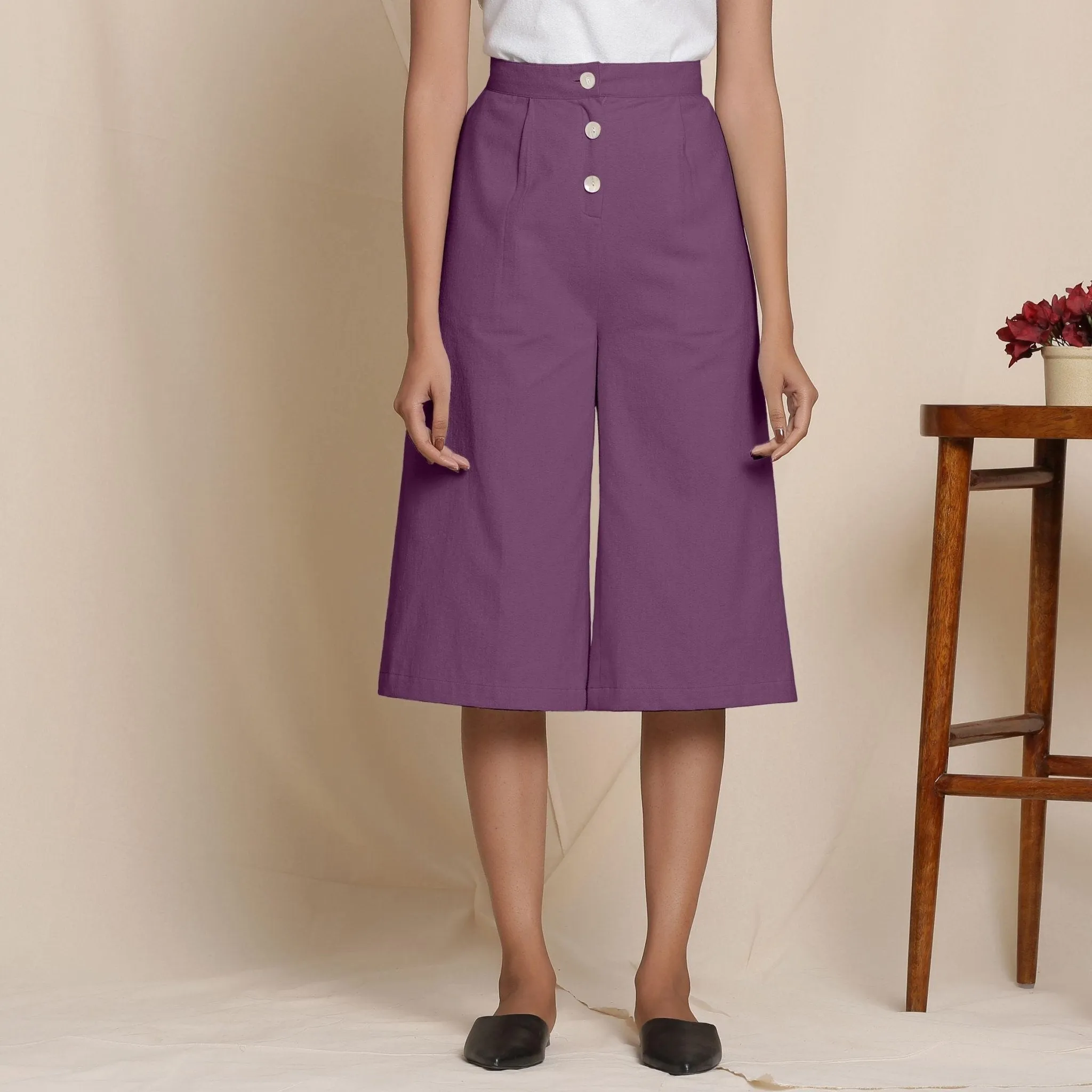 Solid Wine Warm Cotton Flannel High-Rise Culottes