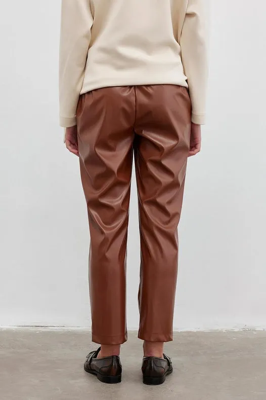Straight Cut Leather Trousers Camel