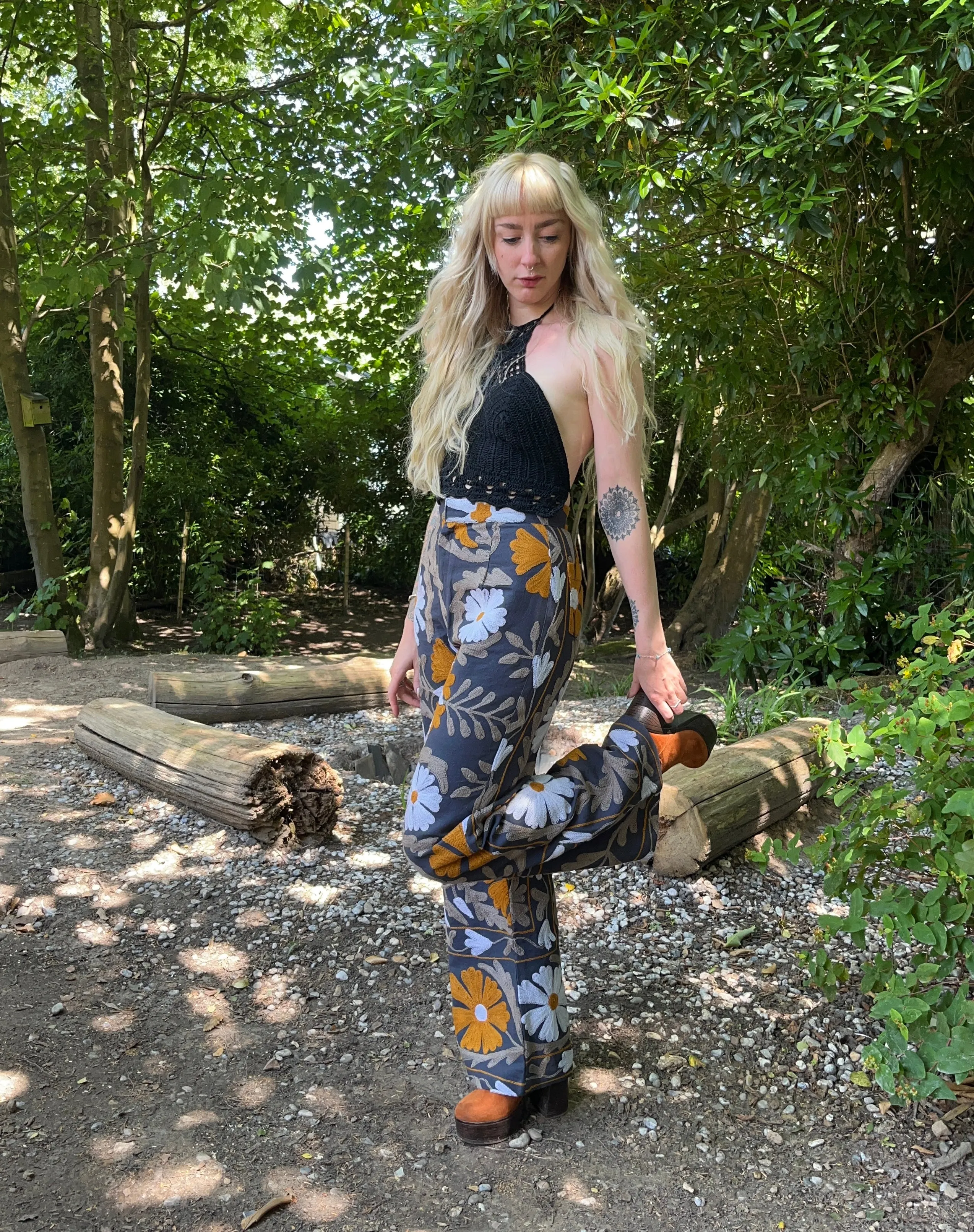 Suzani Embroidered Cotton Flares