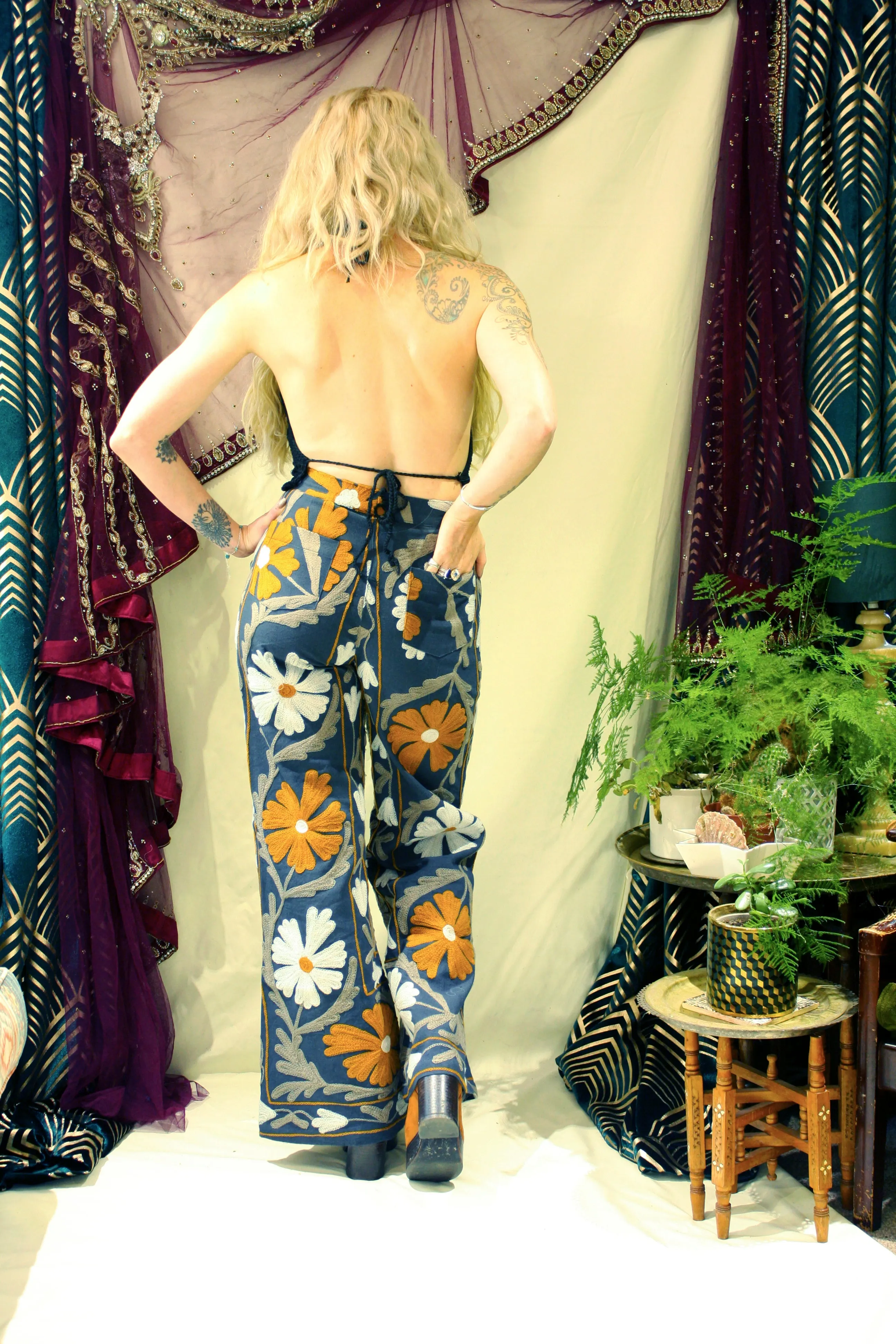 Suzani Embroidered Cotton Flares