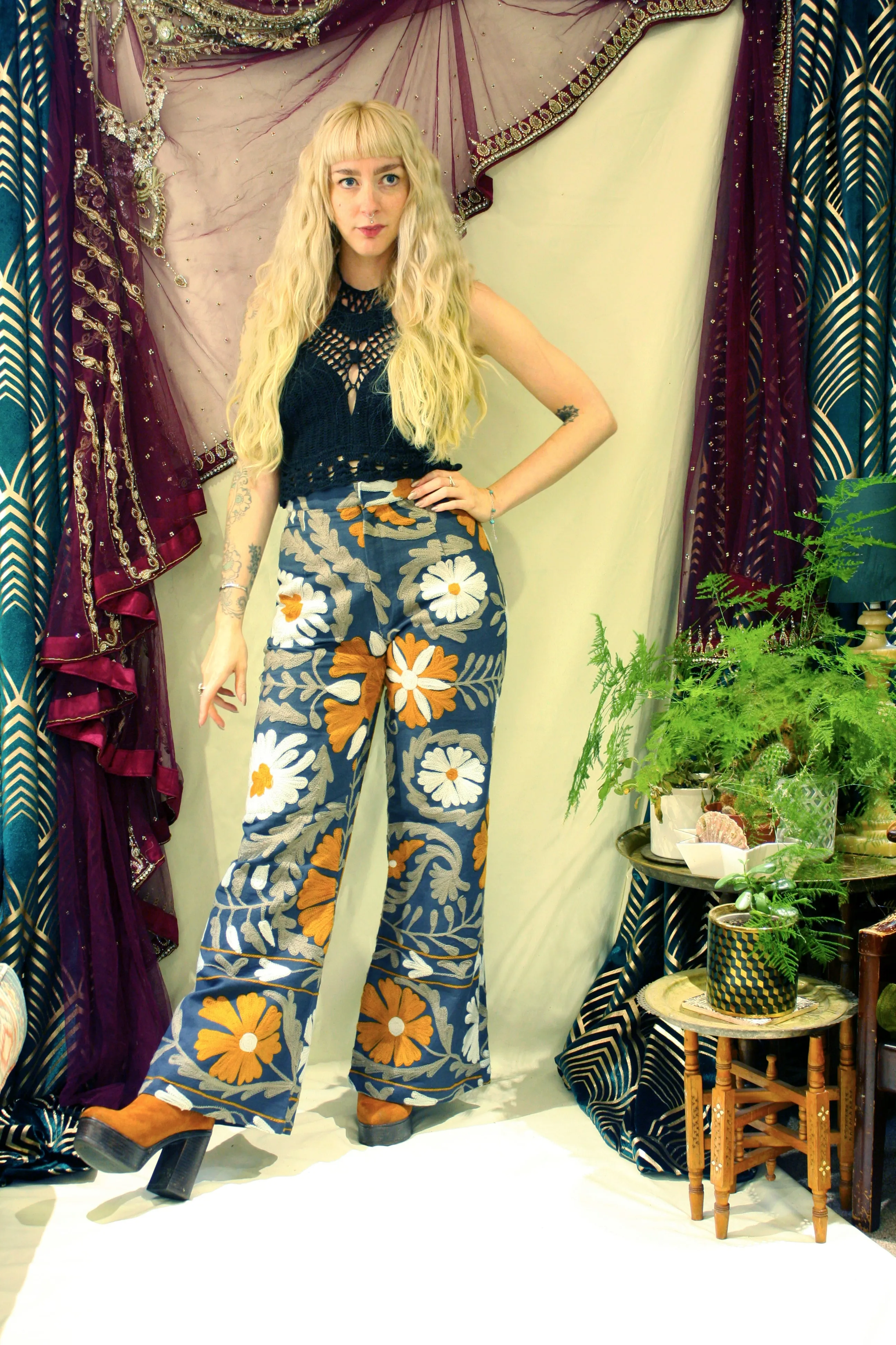 Suzani Embroidered Cotton Flares