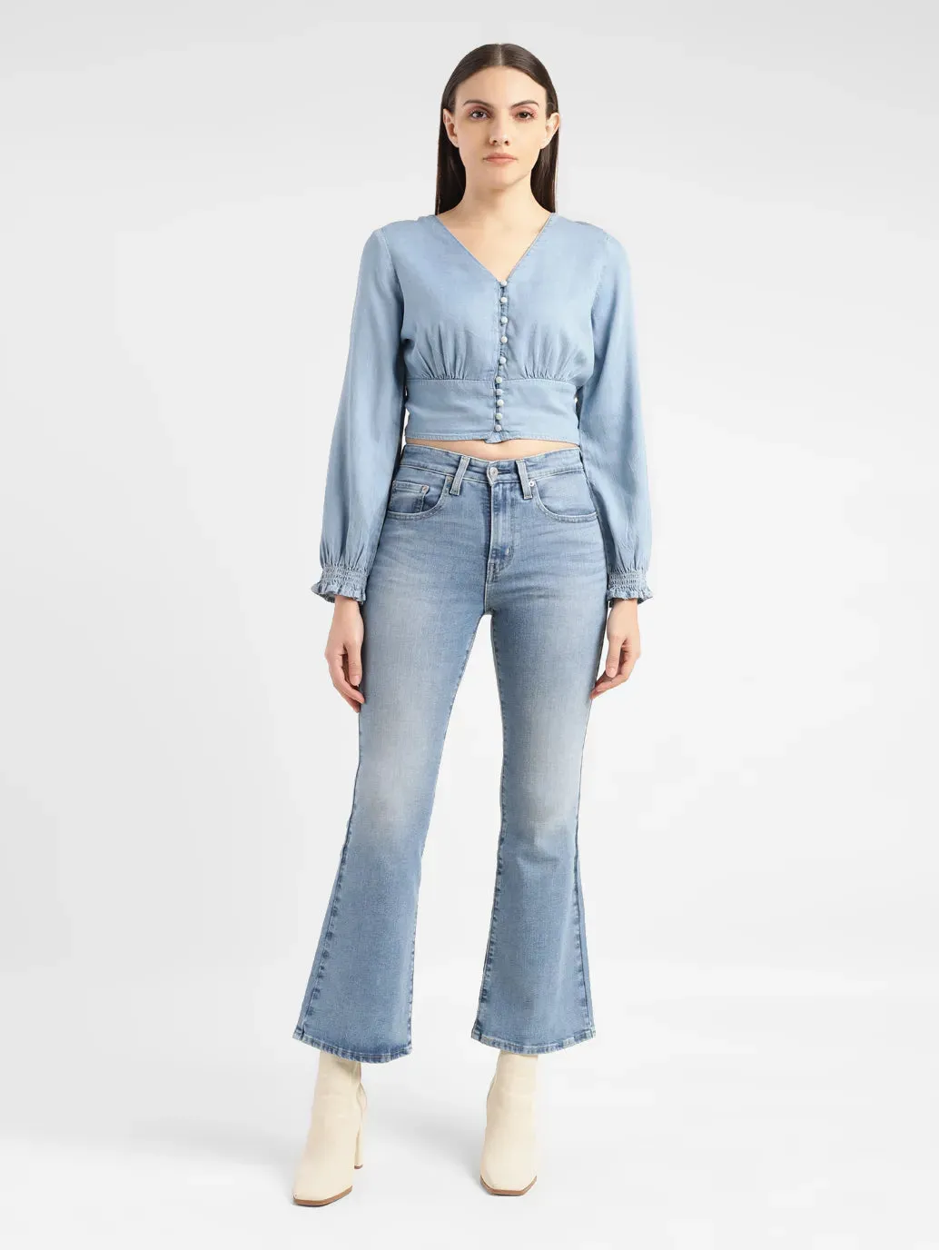 Women's Solid Light Indigo V Neck Top