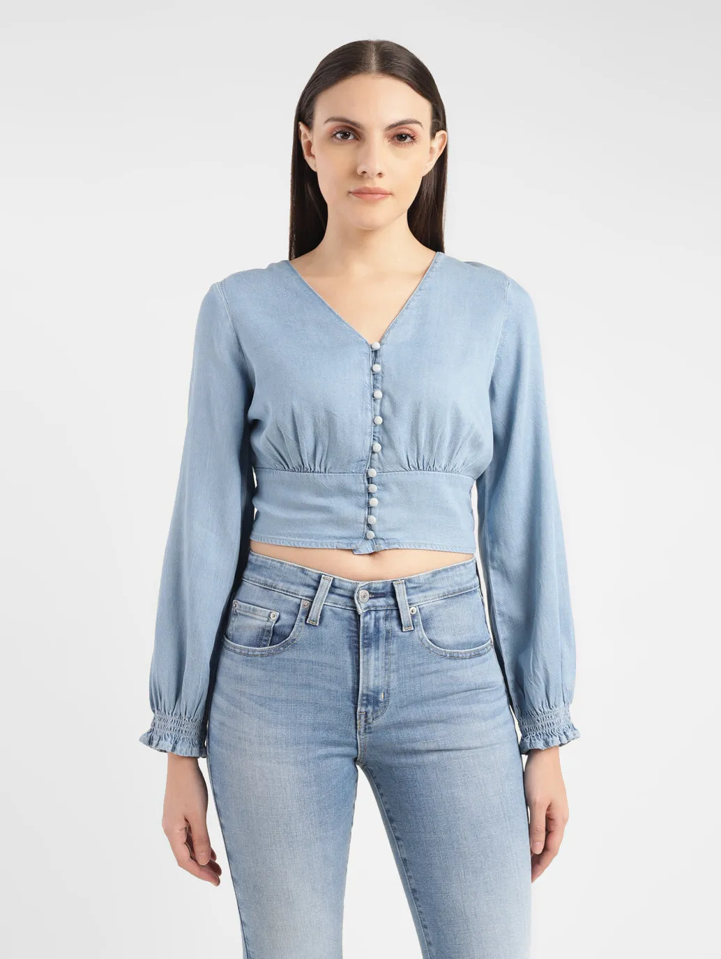 Women's Solid Light Indigo V Neck Top