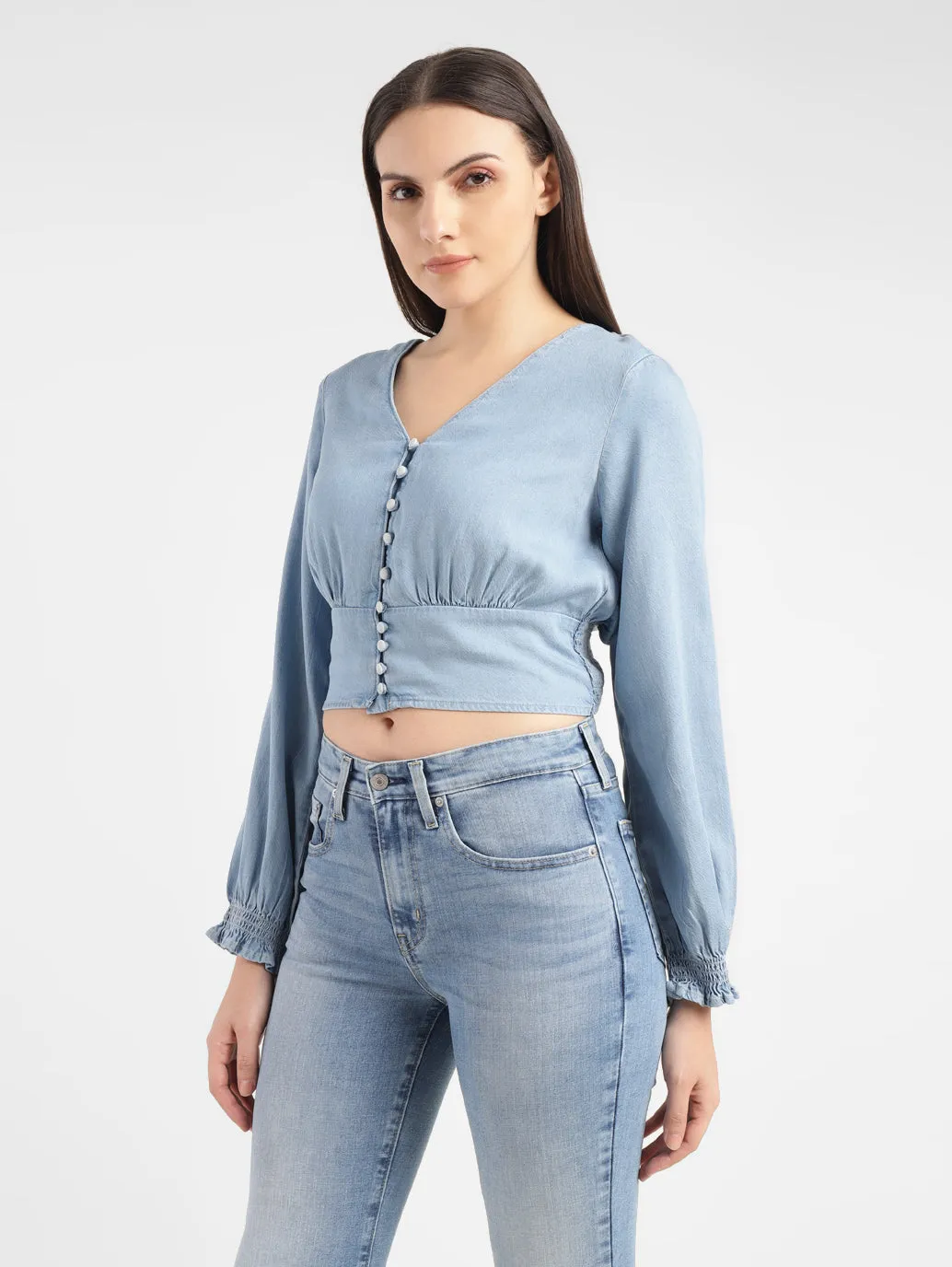 Women's Solid Light Indigo V Neck Top